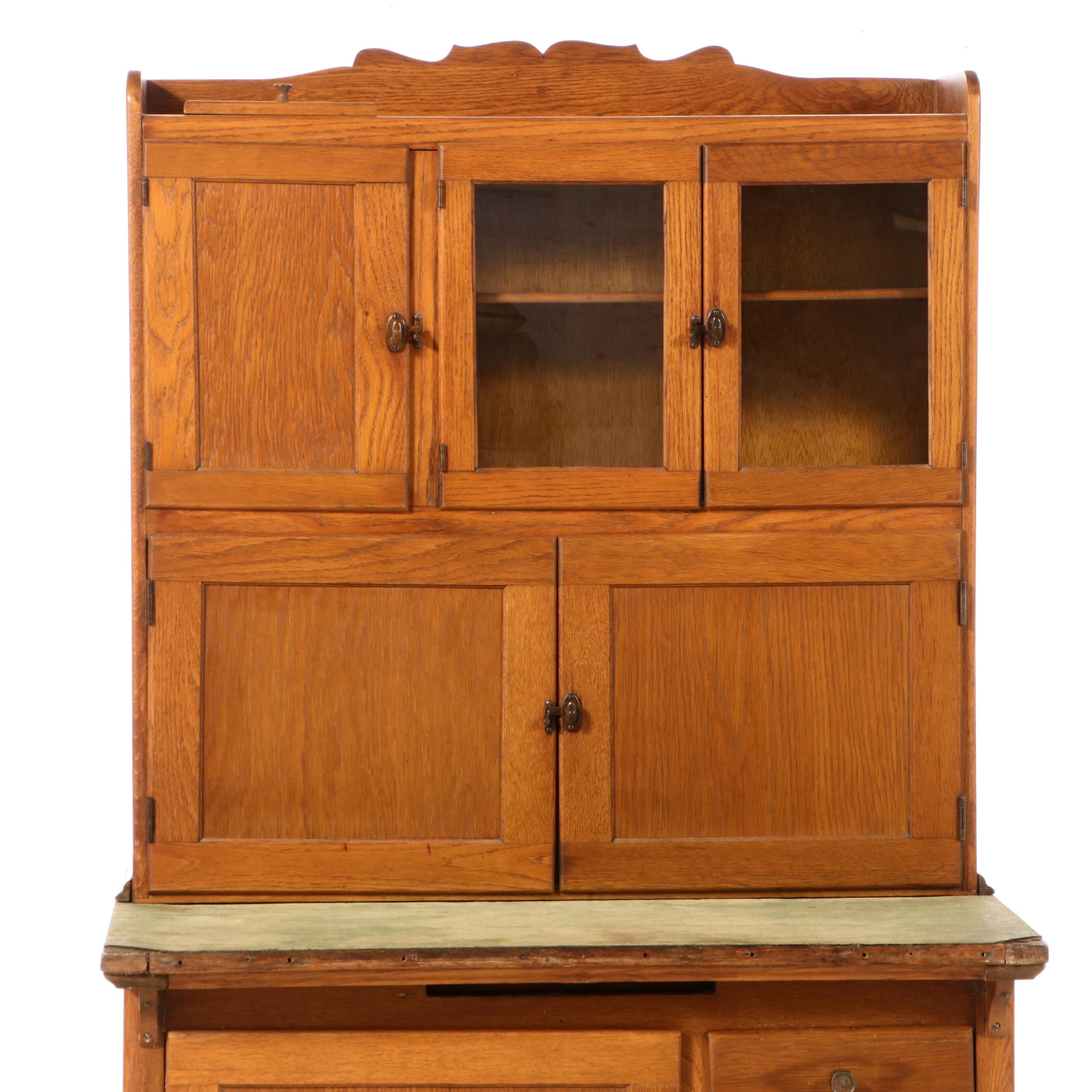 Oak Two-Piece Hoosier Cabinet, Early to Mid 20th Century