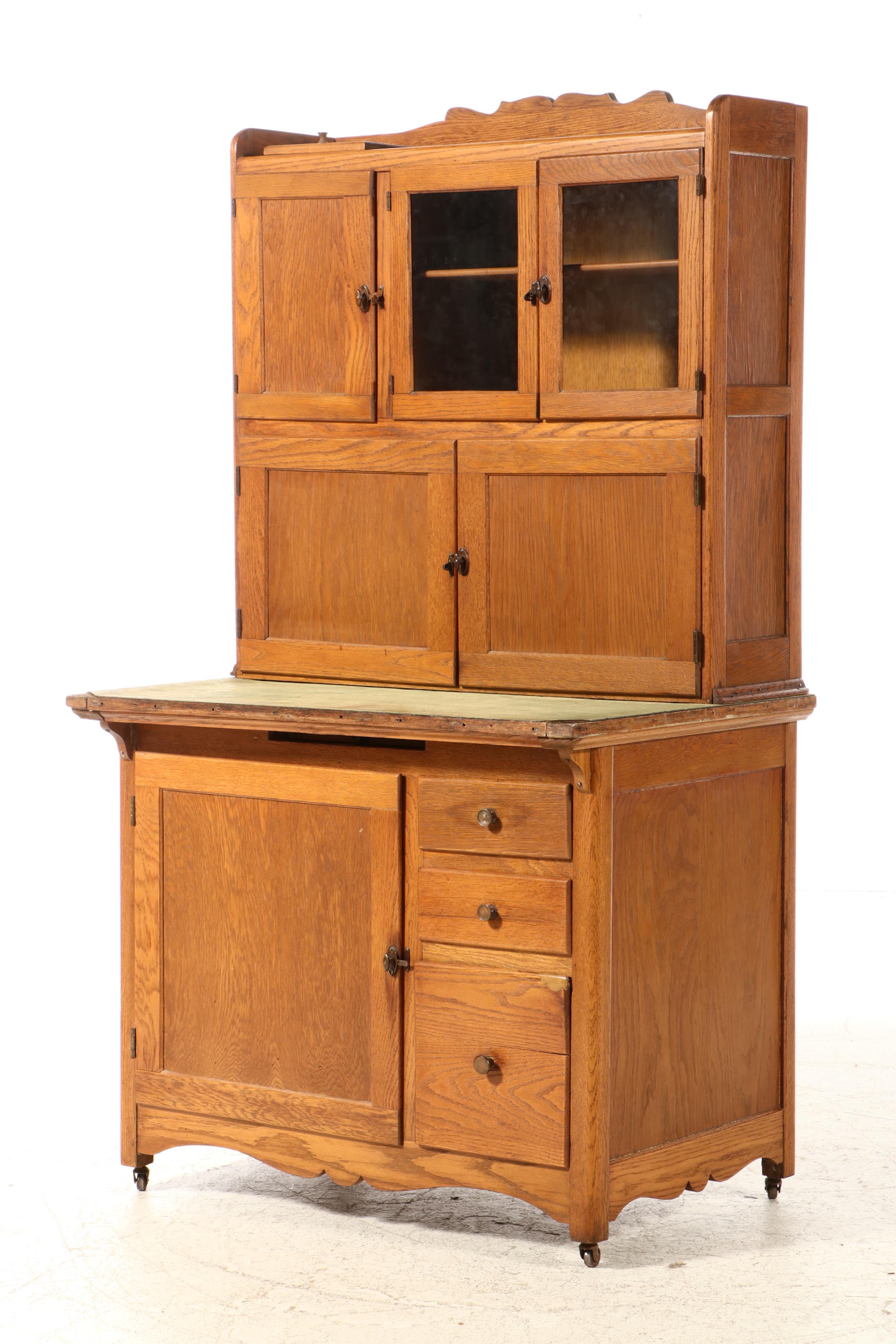 Oak Two-Piece Hoosier Cabinet, Early to Mid 20th Century