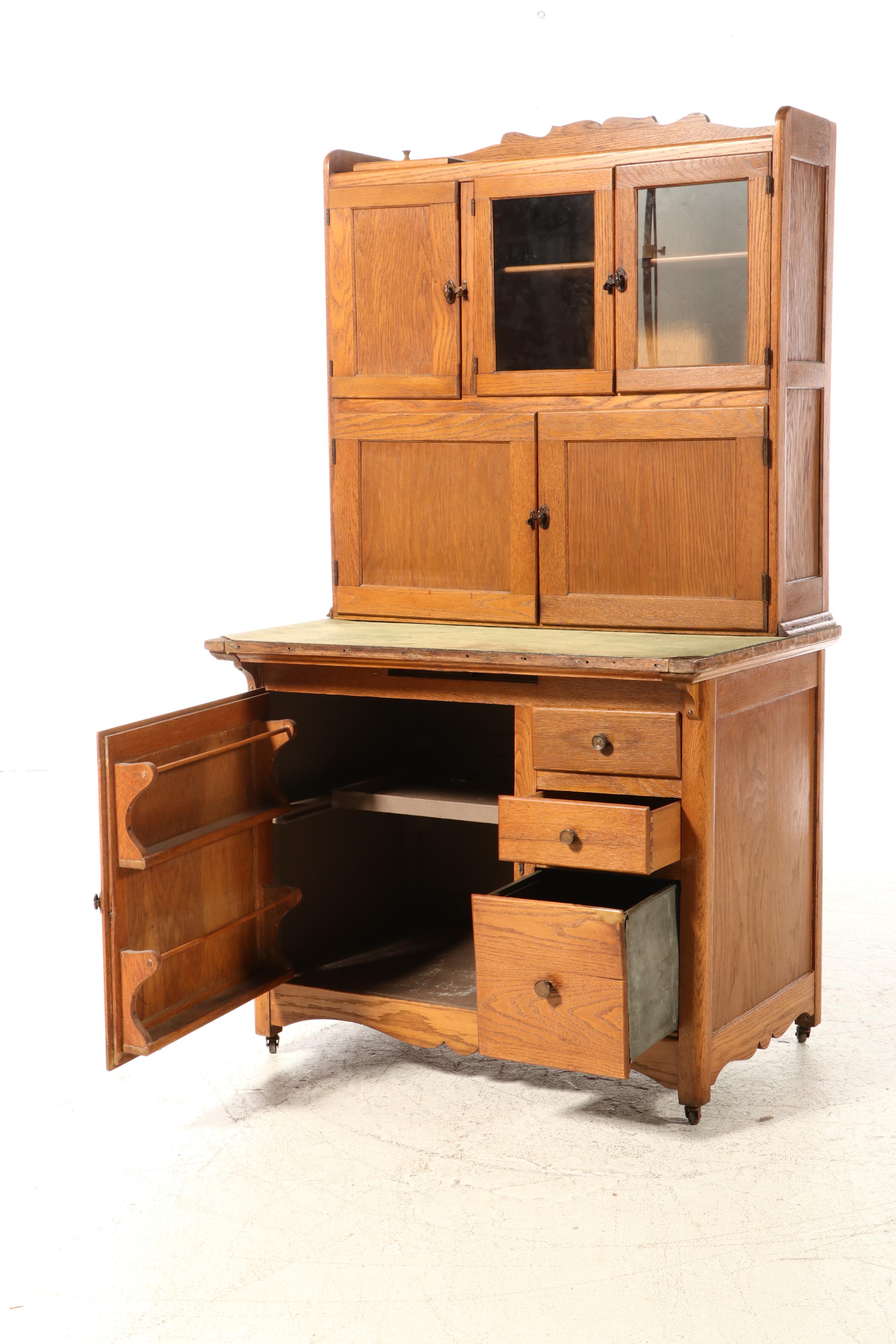 Oak Two-Piece Hoosier Cabinet, Early to Mid 20th Century