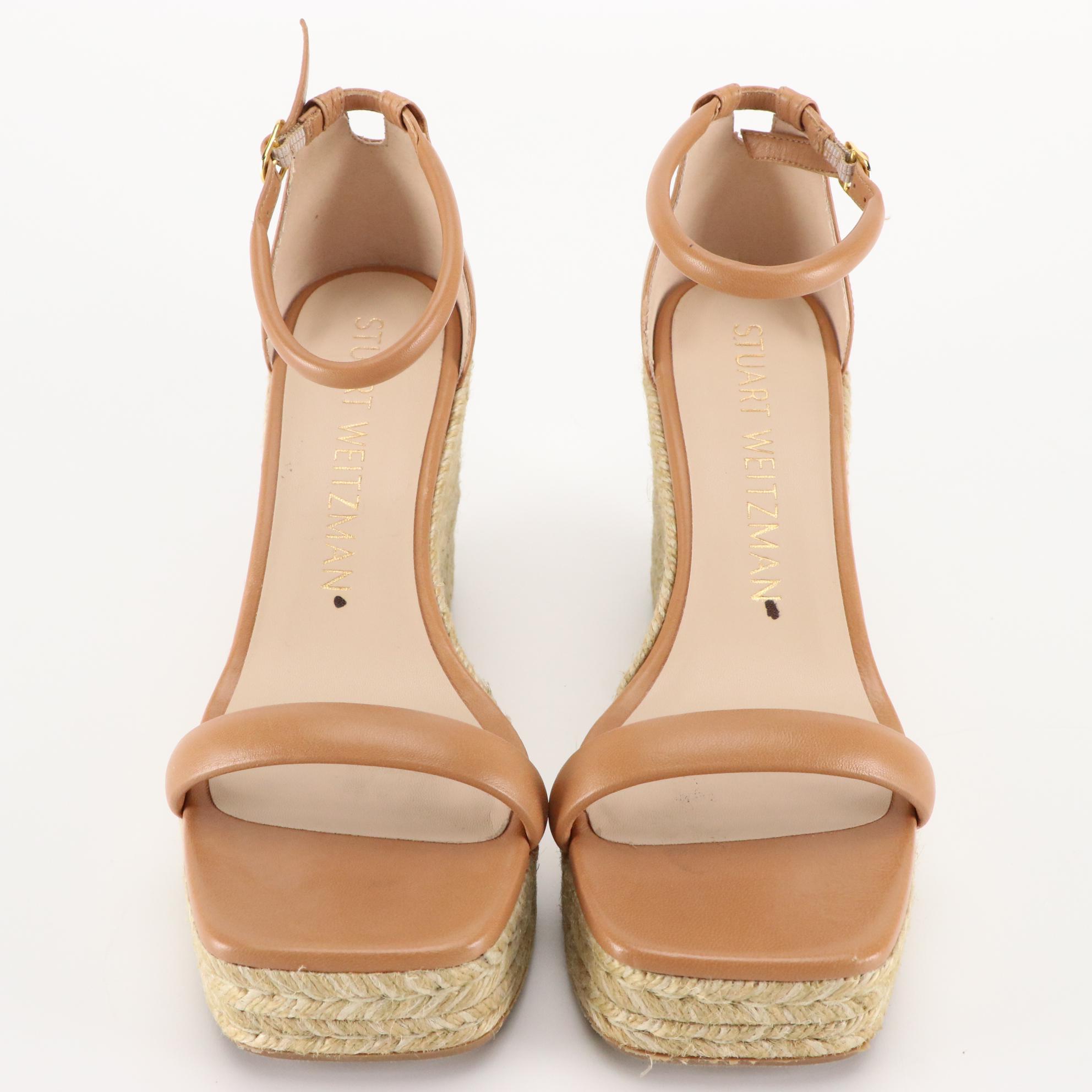 Stuart Weitzman Black Suede and Tan Leather Espadrille Wedge Sandals, New in Box