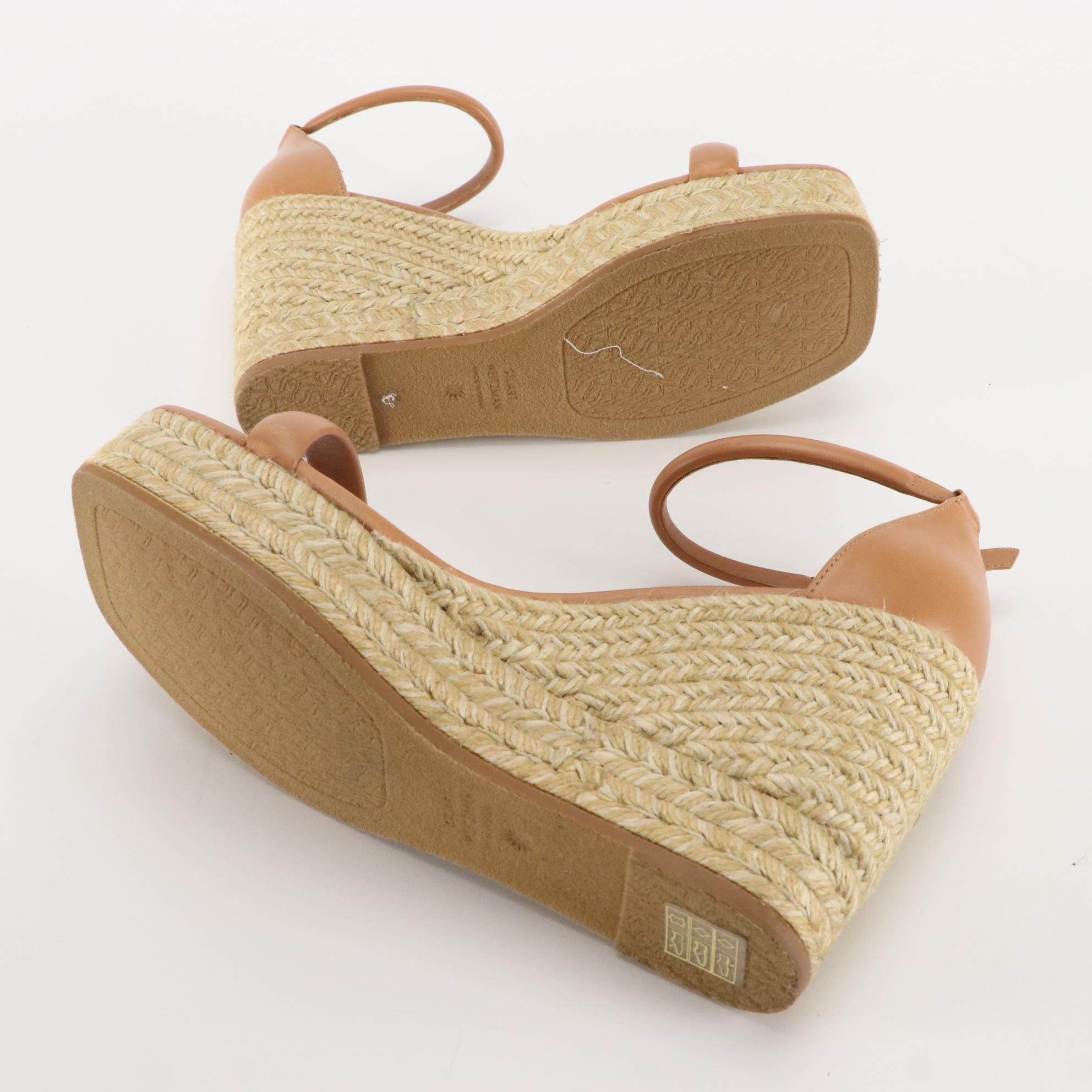 Stuart Weitzman Black Suede and Tan Leather Espadrille Wedge Sandals, New in Box