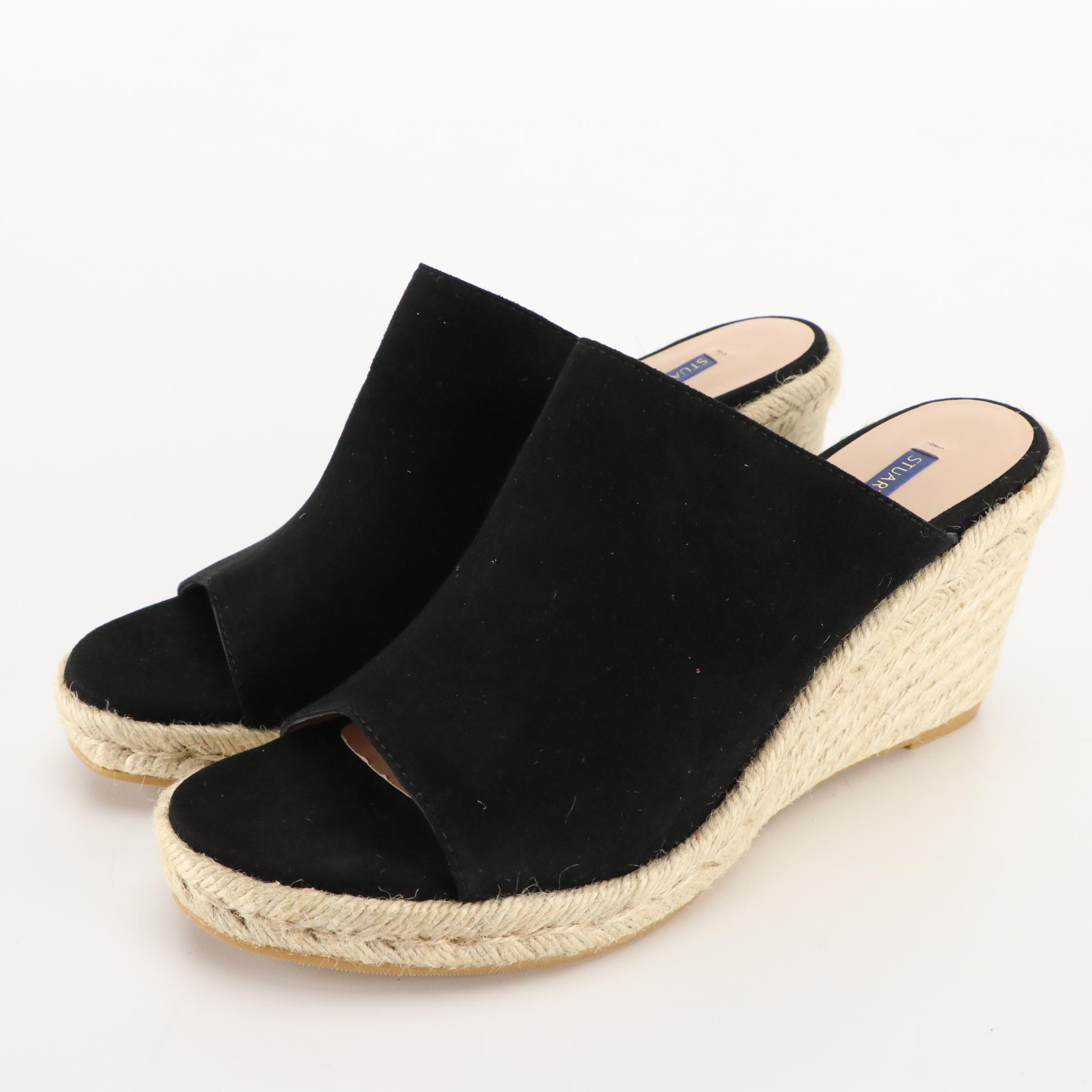 Stuart Weitzman Black Suede and Tan Leather Espadrille Wedge Sandals, New in Box