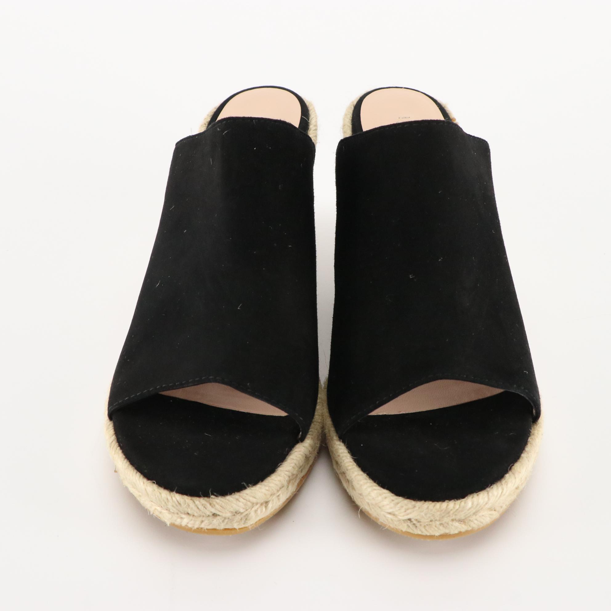 Stuart Weitzman Black Suede and Tan Leather Espadrille Wedge Sandals, New in Box