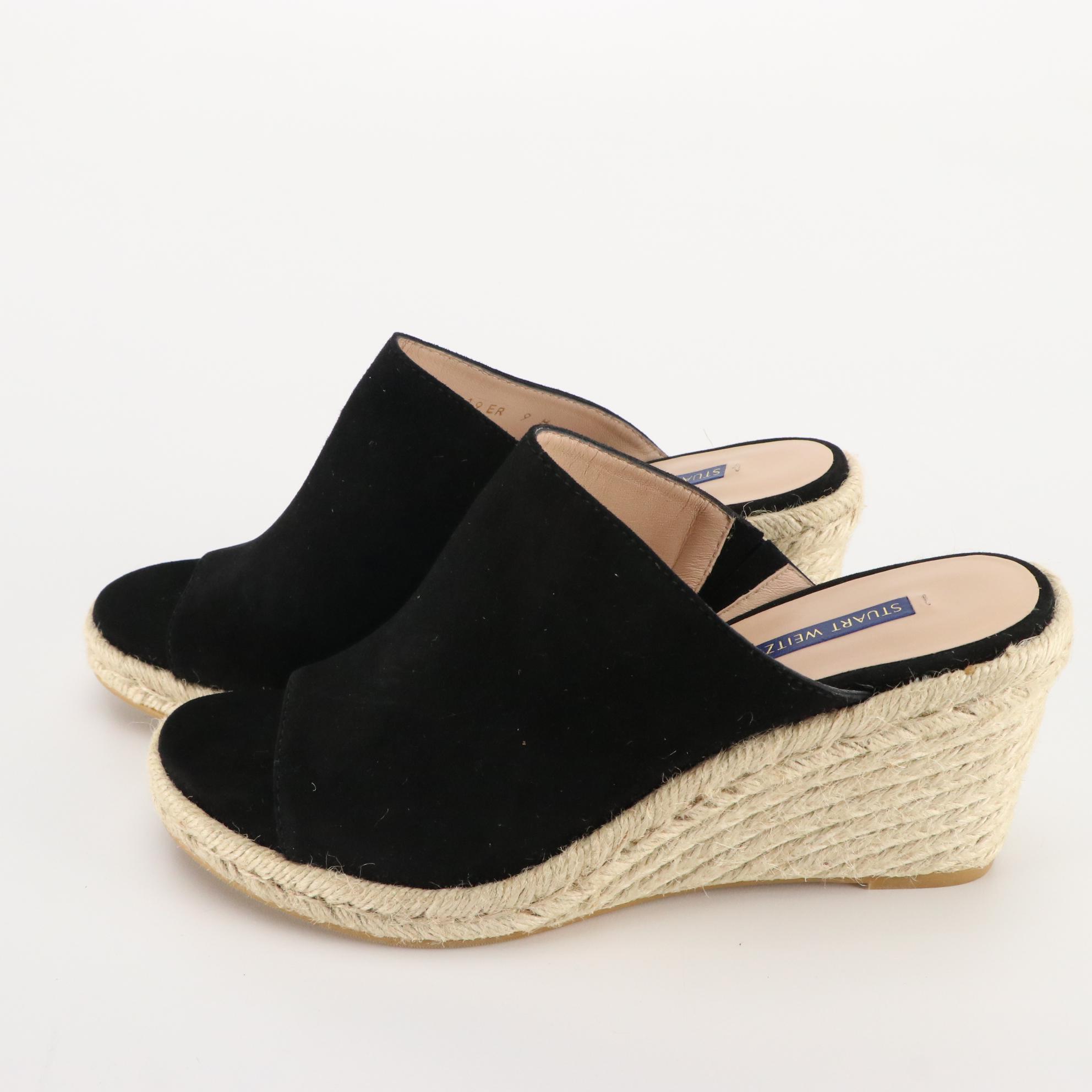 Stuart Weitzman Black Suede and Tan Leather Espadrille Wedge Sandals, New in Box