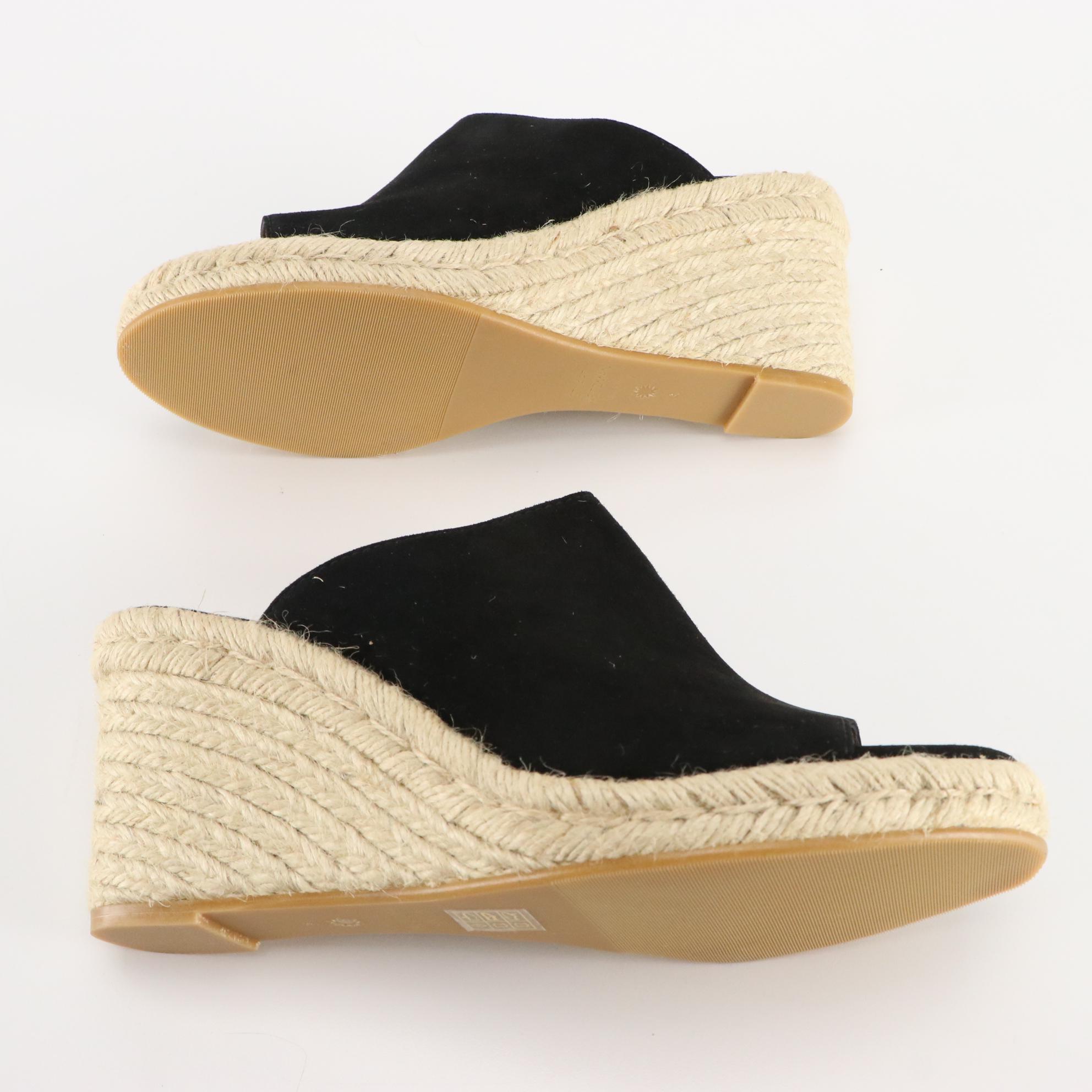 Stuart Weitzman Black Suede and Tan Leather Espadrille Wedge Sandals, New in Box