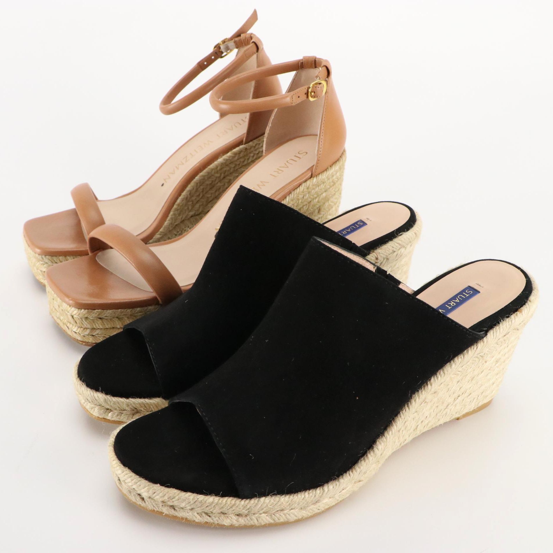 Stuart Weitzman Black Suede and Tan Leather Espadrille Wedge Sandals, New in Box