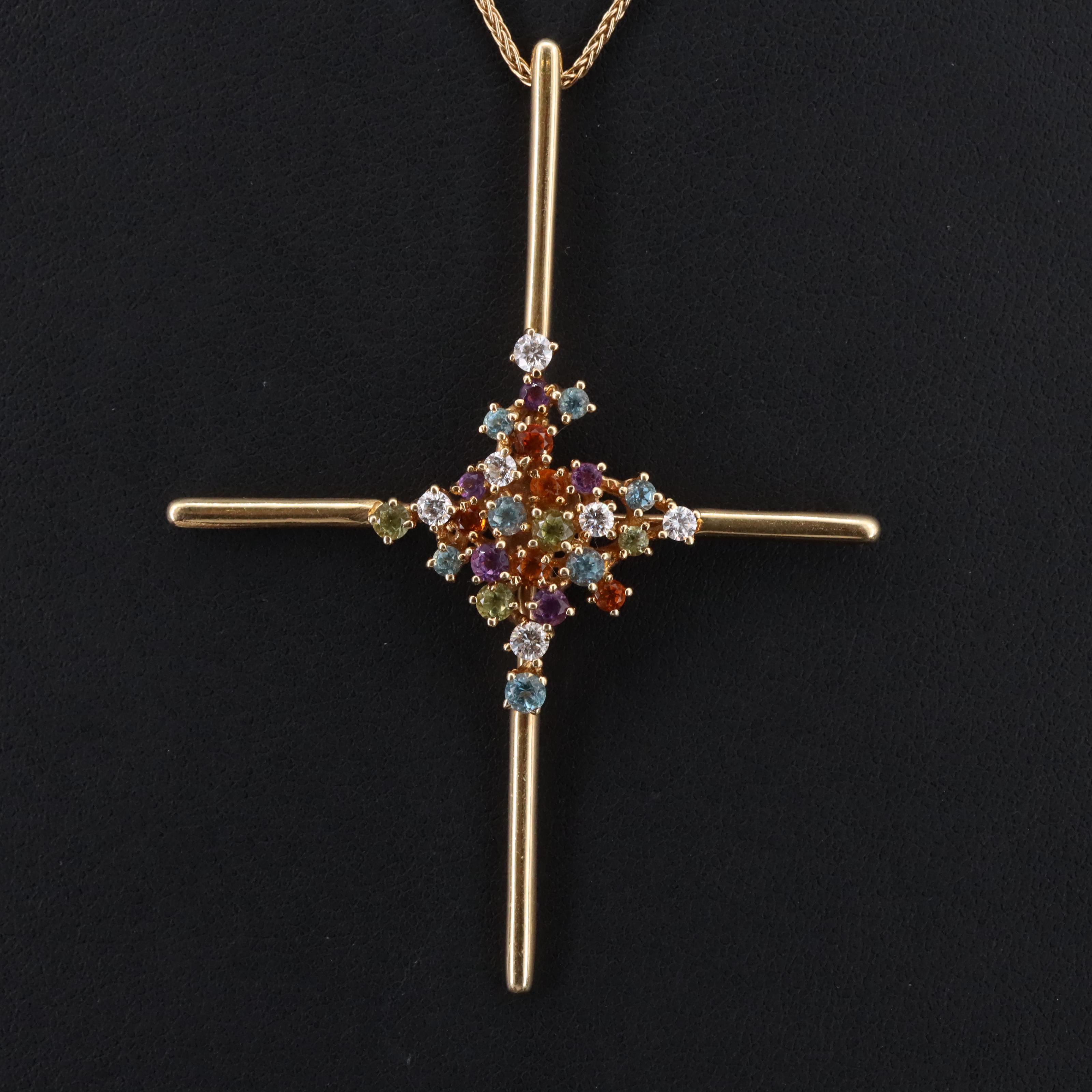 18K Diamond and Gemstone Cross Necklace