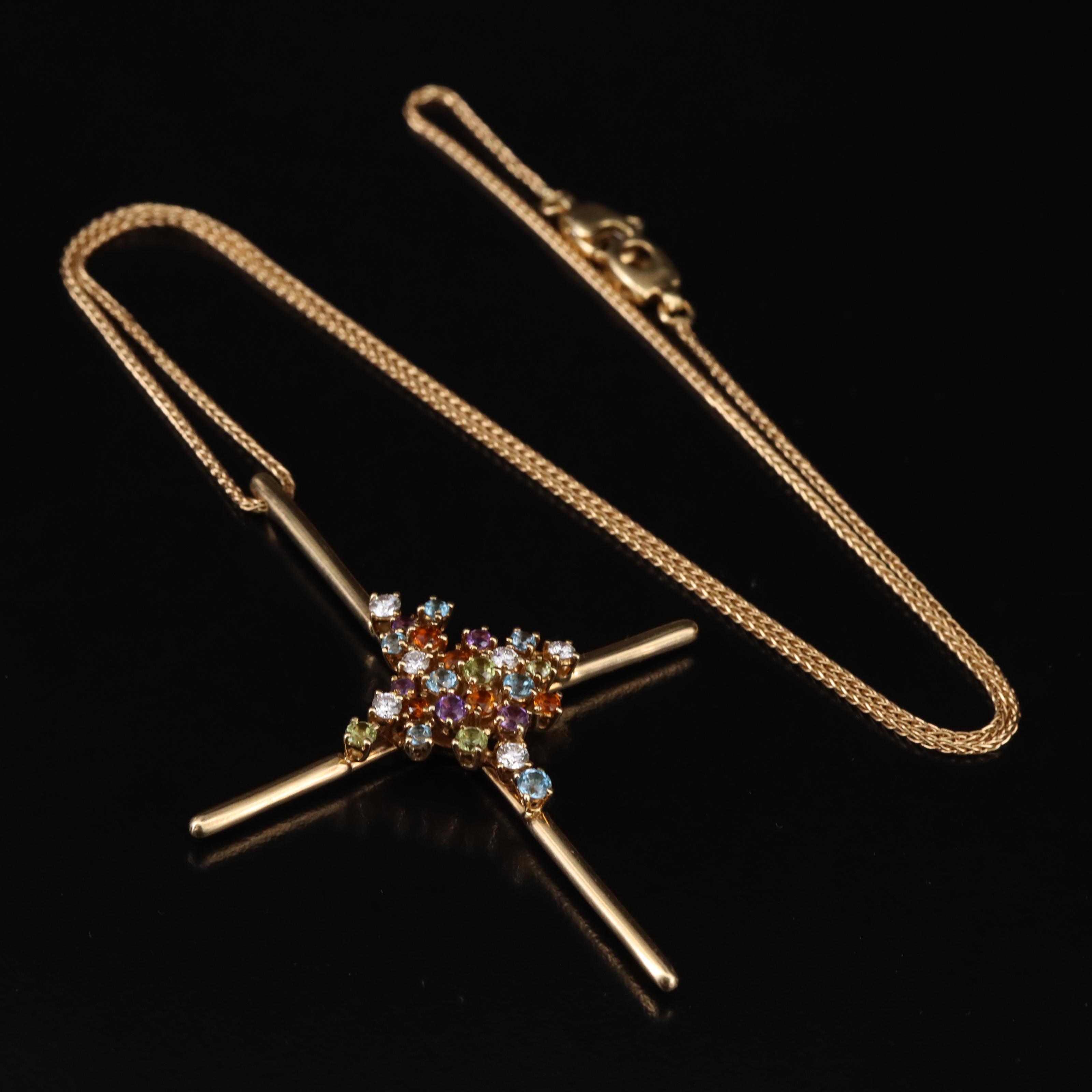 18K Diamond and Gemstone Cross Necklace