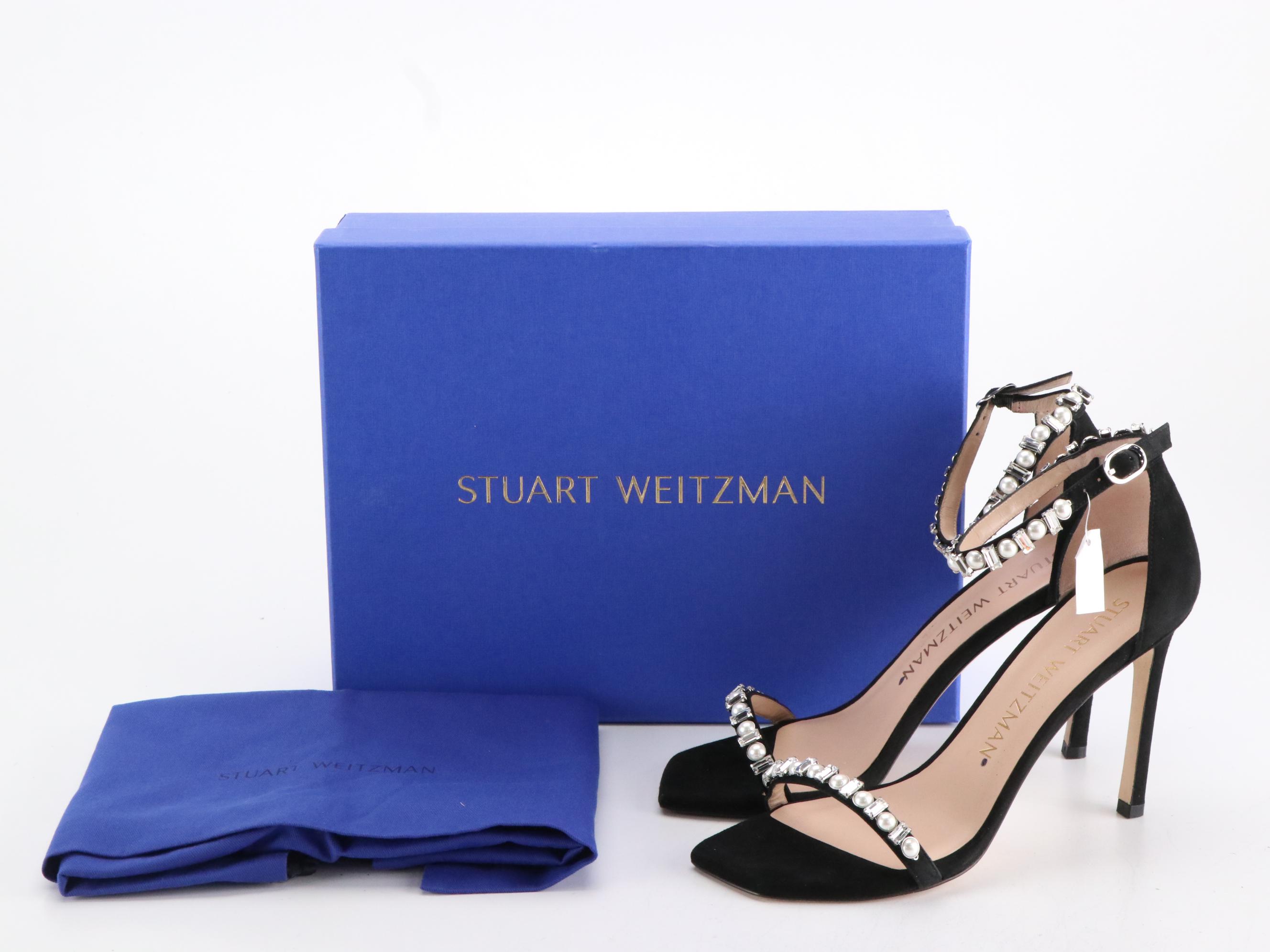 Stuart Weitzman Embellished Ankle Strap Sandals in Black Suede, New in Box
