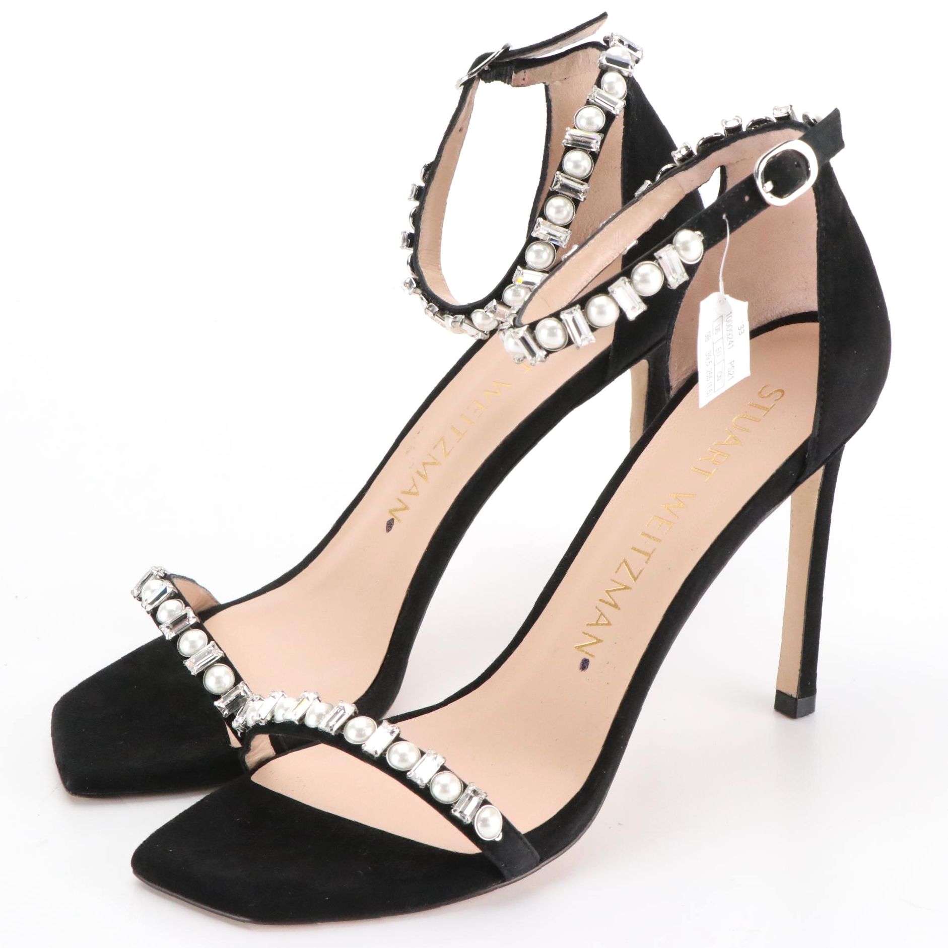 Stuart Weitzman Embellished Ankle Strap Sandals in Black Suede, New in Box