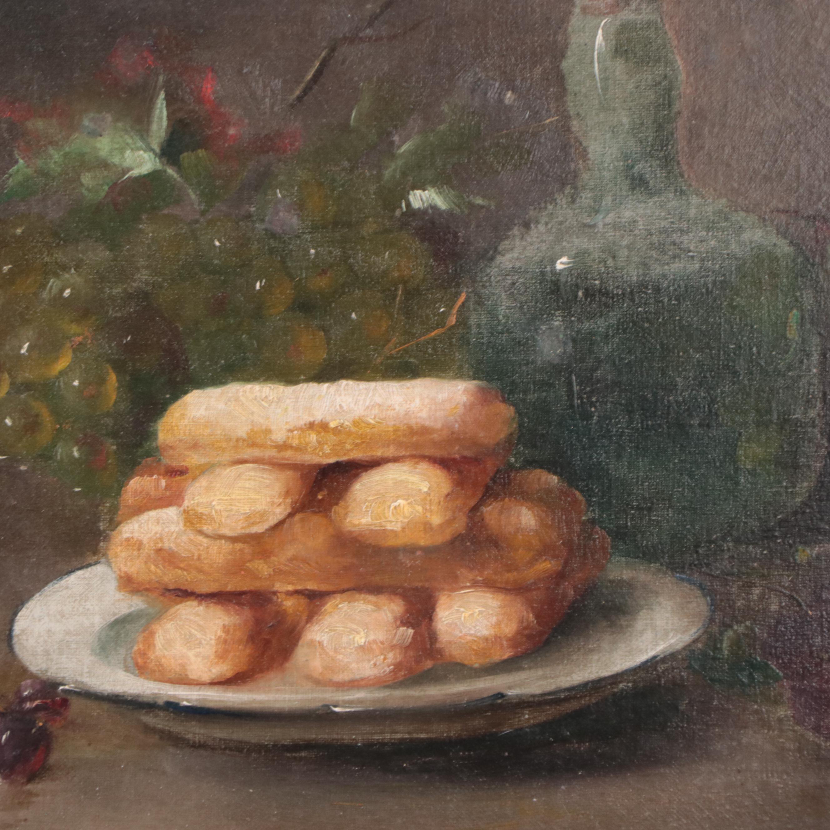 Oil Painting Still Life with Stacked Ladyfingers, Bottle and Grapes