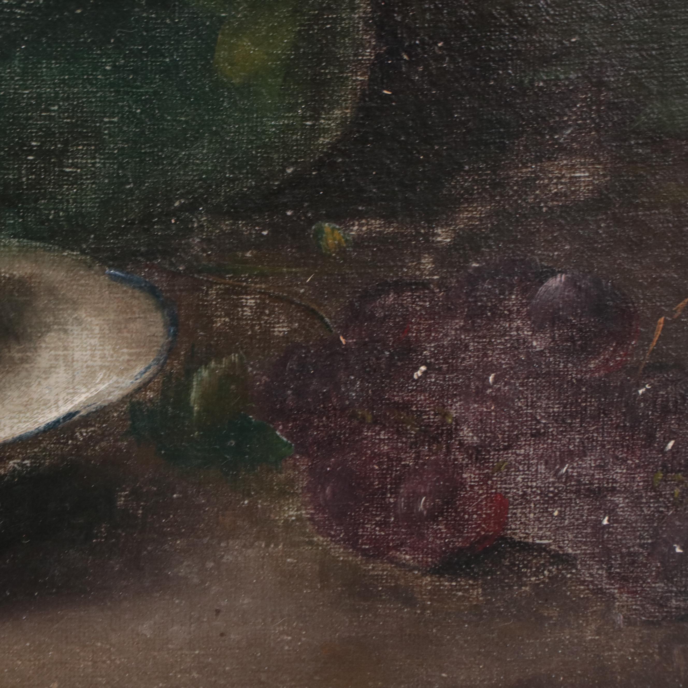 Oil Painting Still Life with Stacked Ladyfingers, Bottle and Grapes EBTH