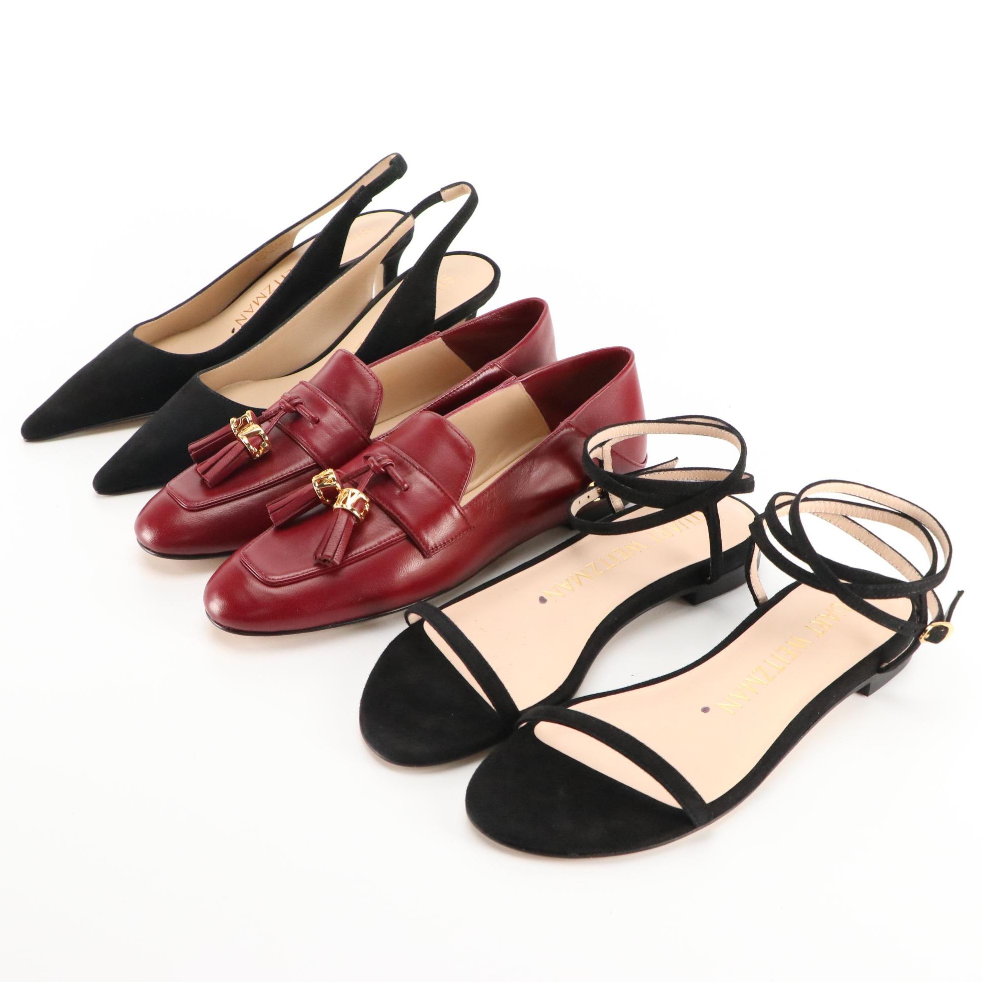 Stuart Weitzman Black Suede Slingbacks and Sandals with Burgundy Loafers, NIB