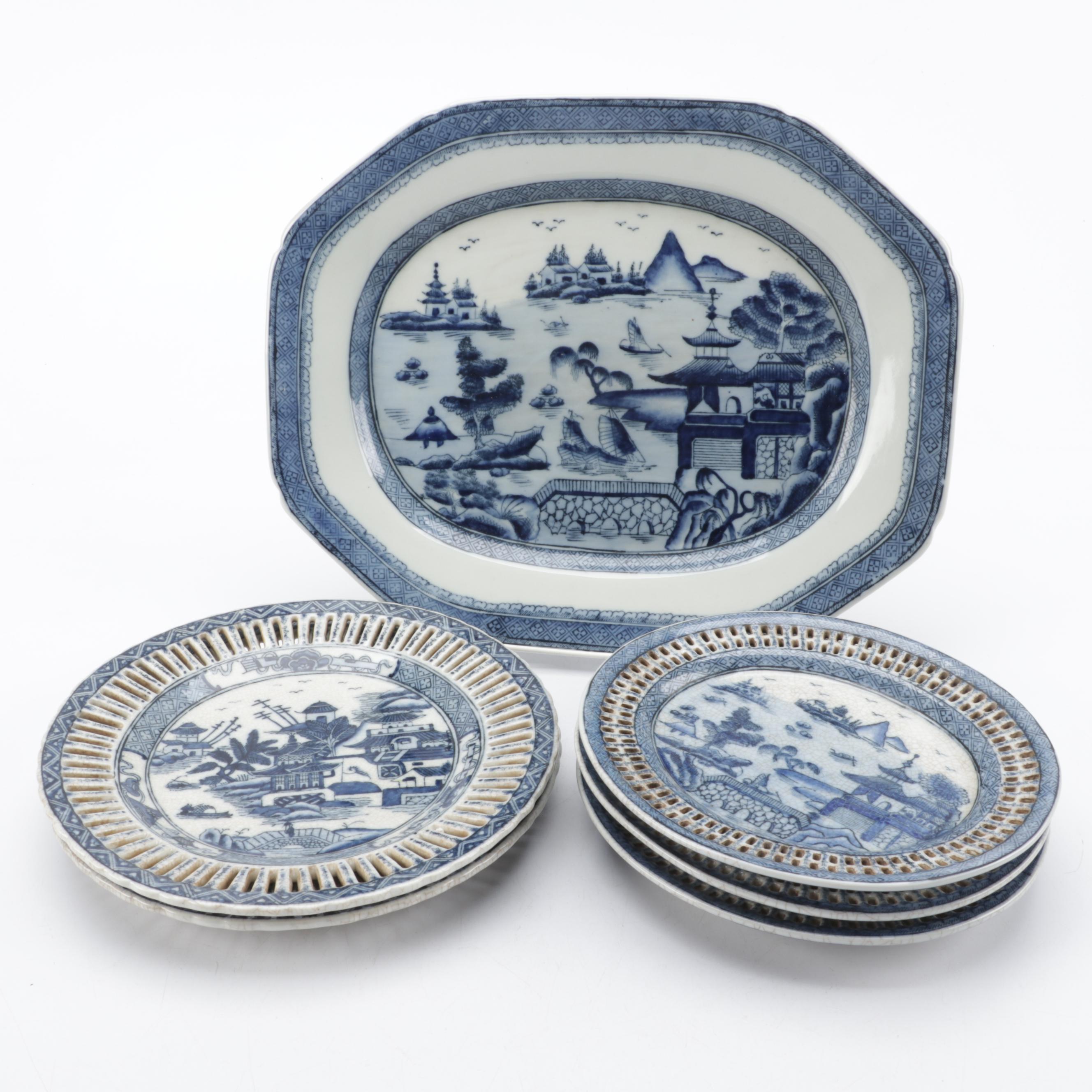 United Wilson Porcelain Factory Canton Style Platter and Reticulated Plates