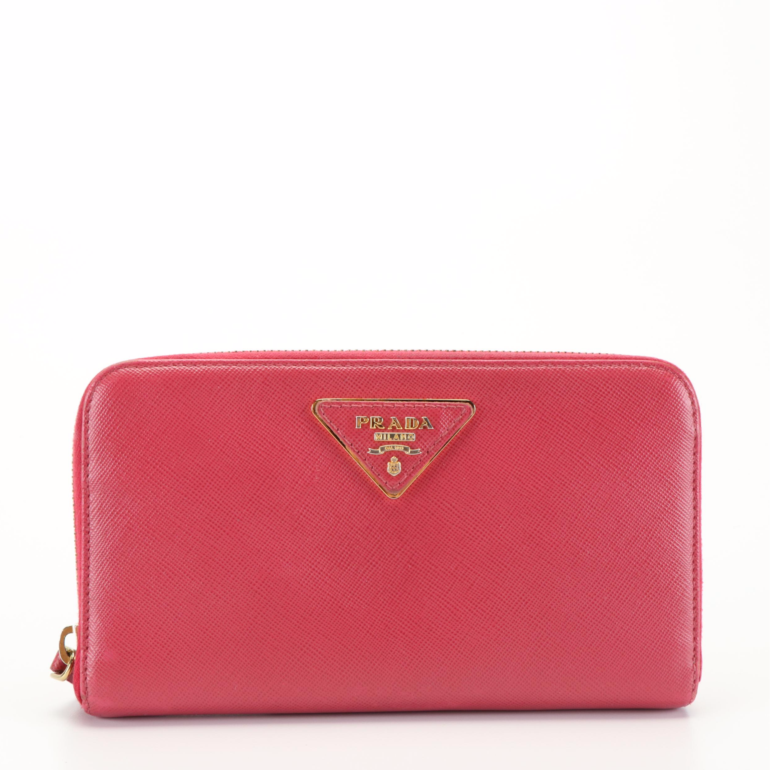 Prada Pink Saffiano Zip Around Wallet