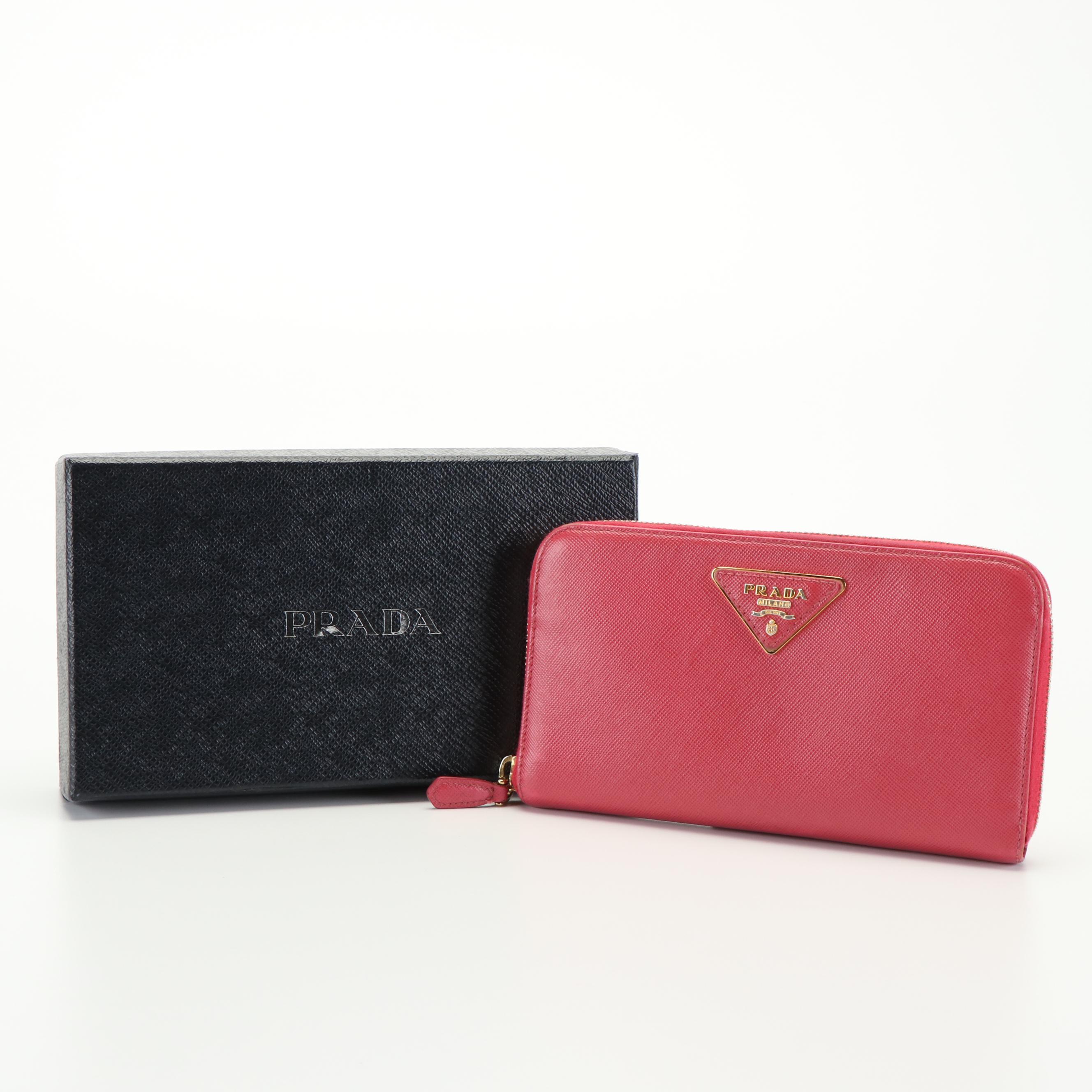 Prada Pink Saffiano Zip Around Wallet