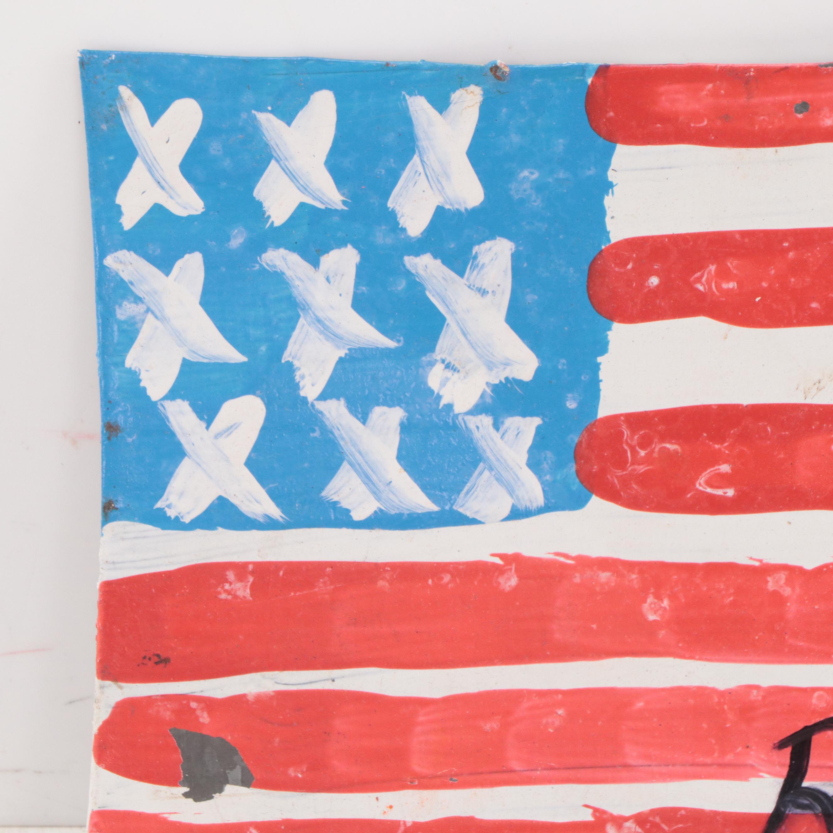 R.A. Miller Folk Art Painting on Tin of American Flag