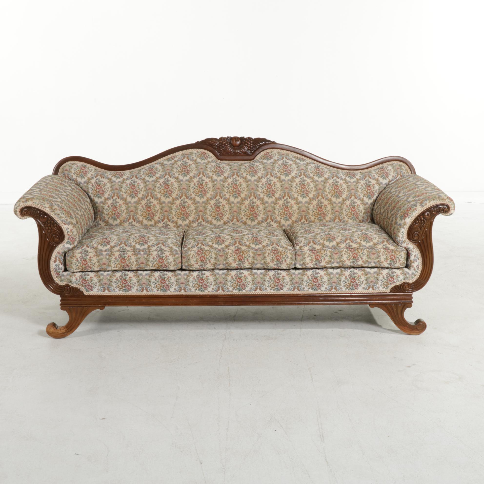 American Empire Style Carved Wood Three-Seat Sofa, 20th Century