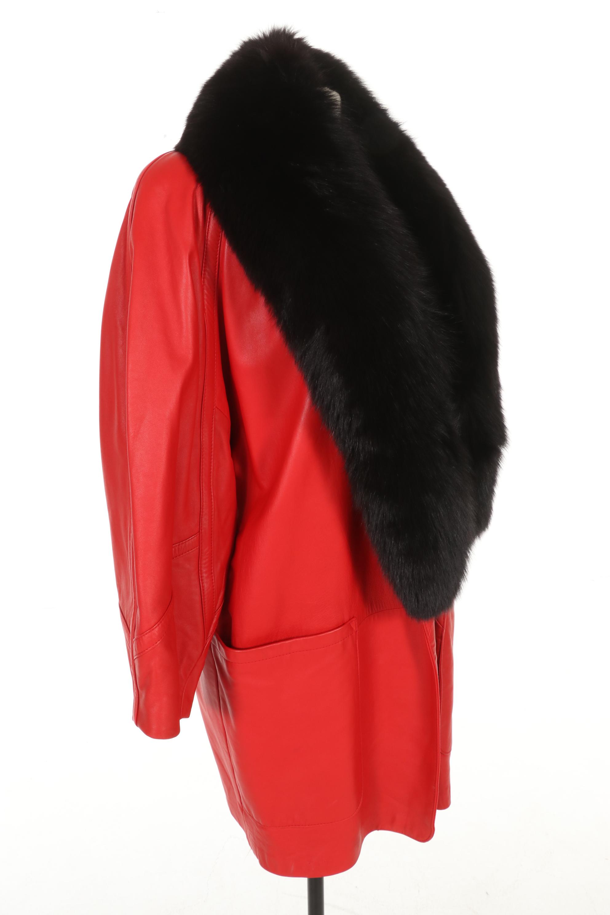 Red Leather Jacket with Detachable Fox Fur Tuxedo Collar