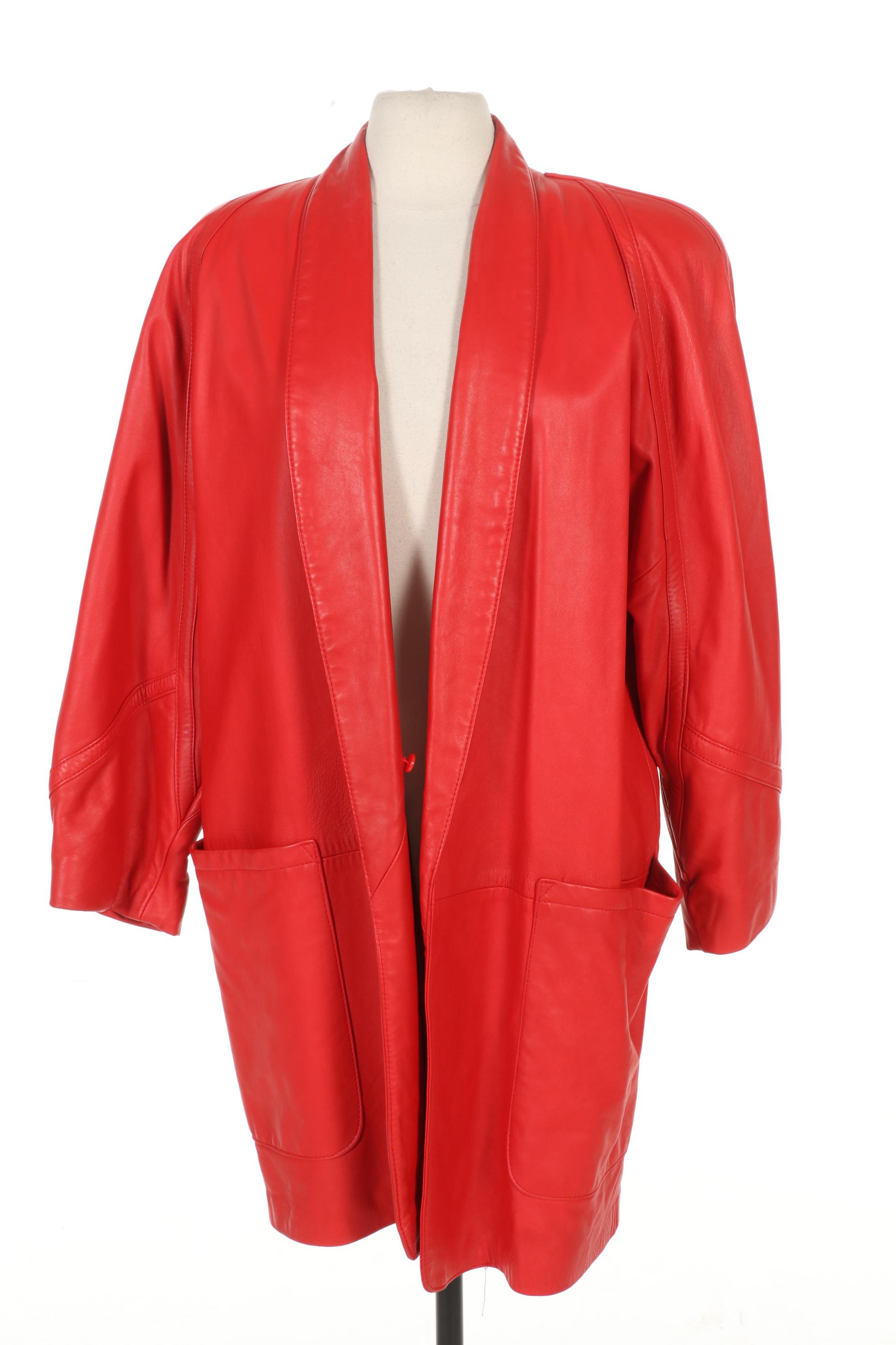 Red Leather Jacket with Detachable Fox Fur Tuxedo Collar