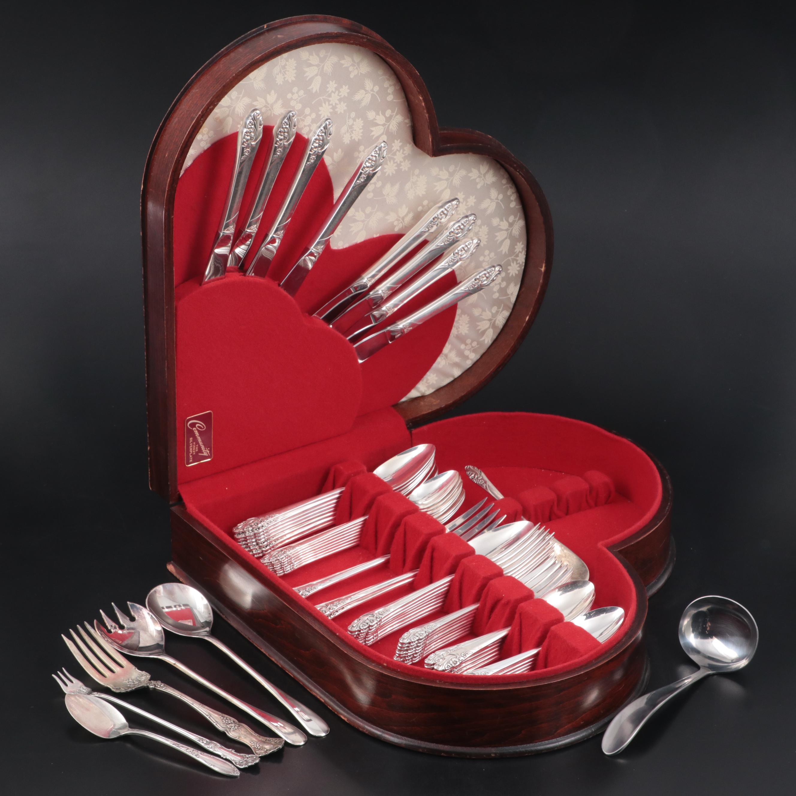 Oneida Community "Evening Star" Silver Plate Flatware in Wood Heart Box, c. 1955