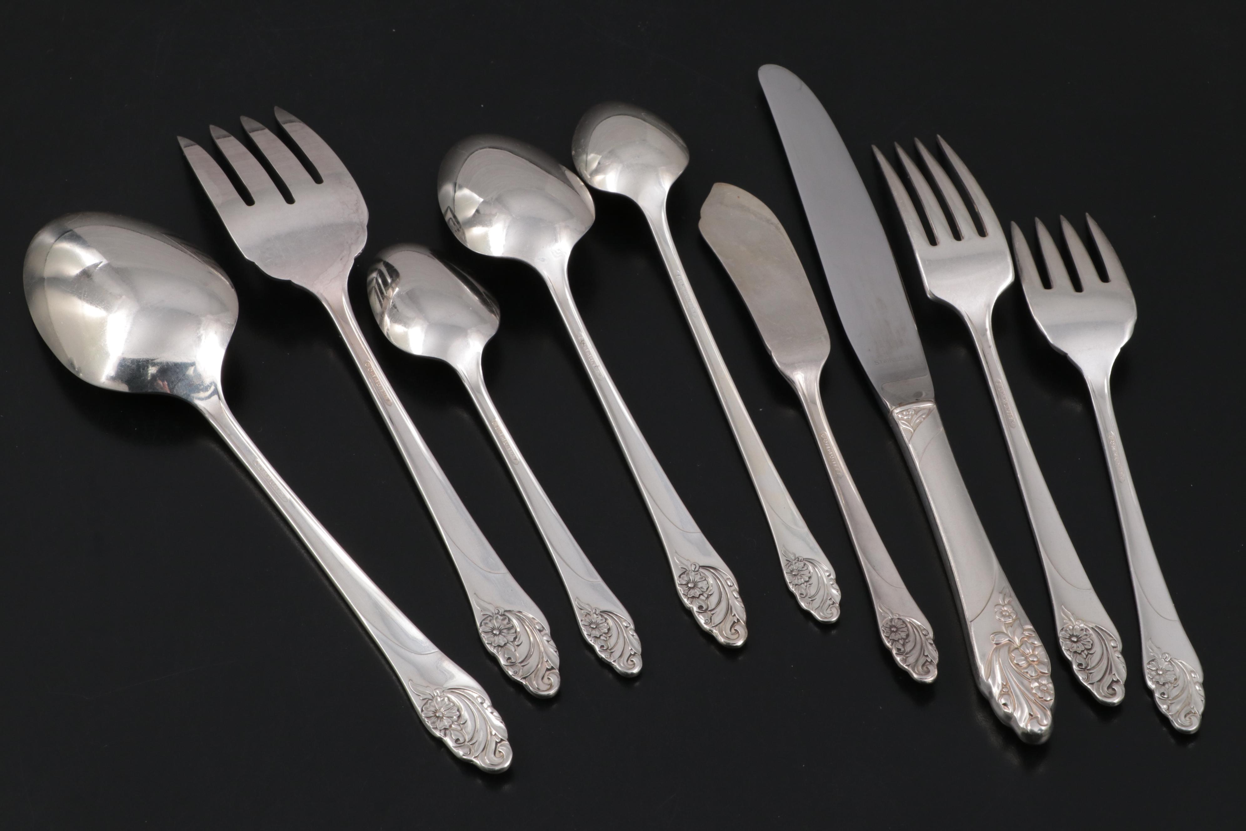 Oneida Community "Evening Star" Silver Plate Flatware in Wood Heart Box, c. 1955