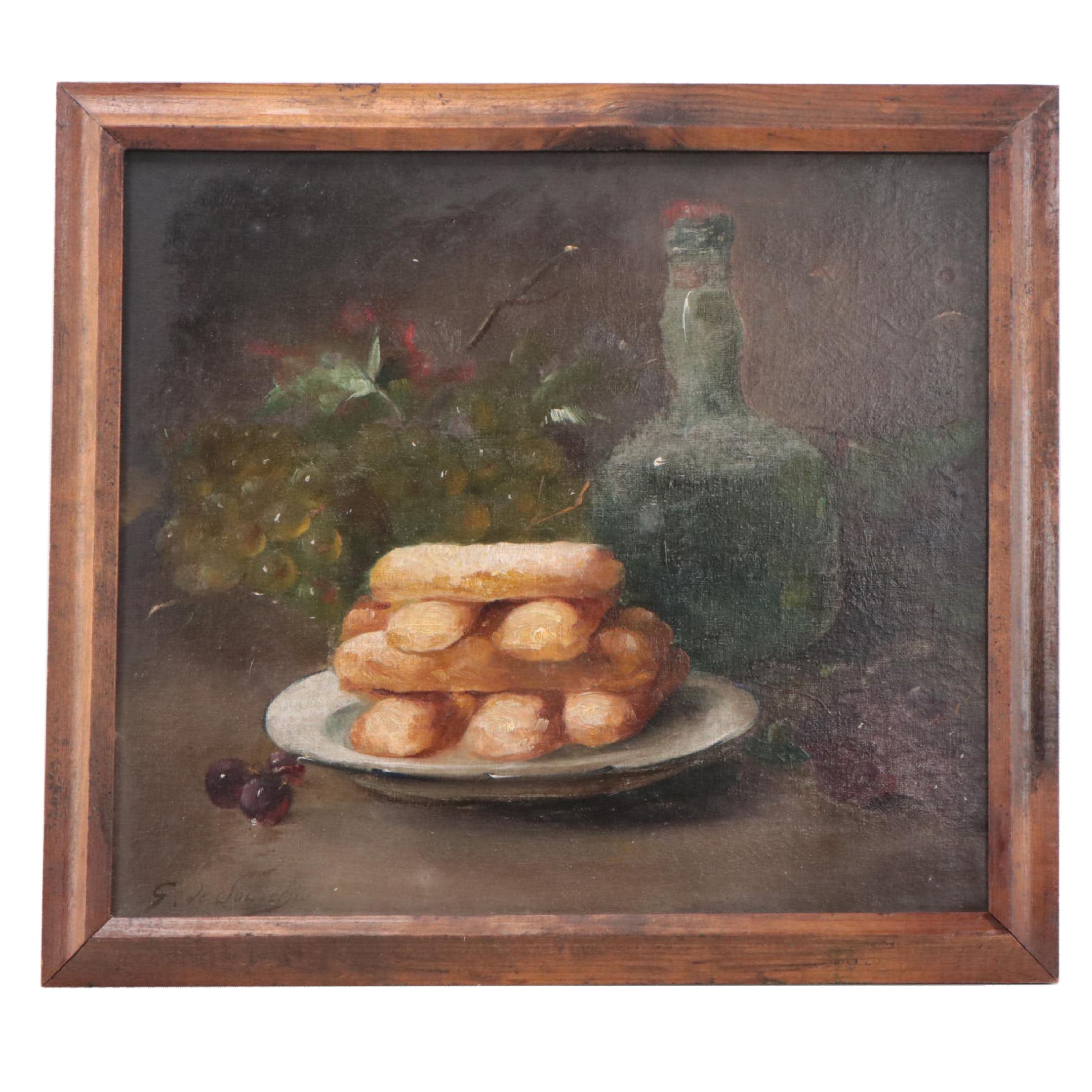 Oil Painting Still Life with Stacked Ladyfingers, Bottle and Grapes