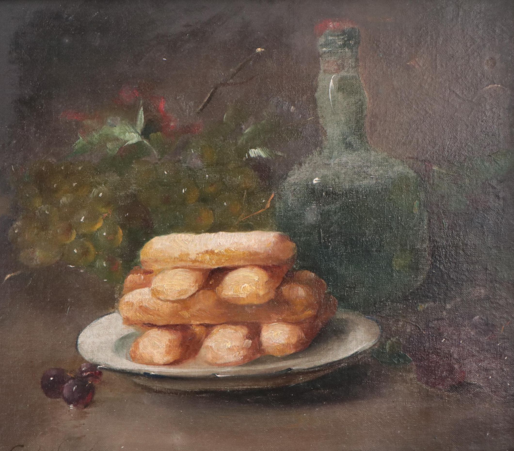 Oil Painting Still Life with Stacked Ladyfingers, Bottle and Grapes