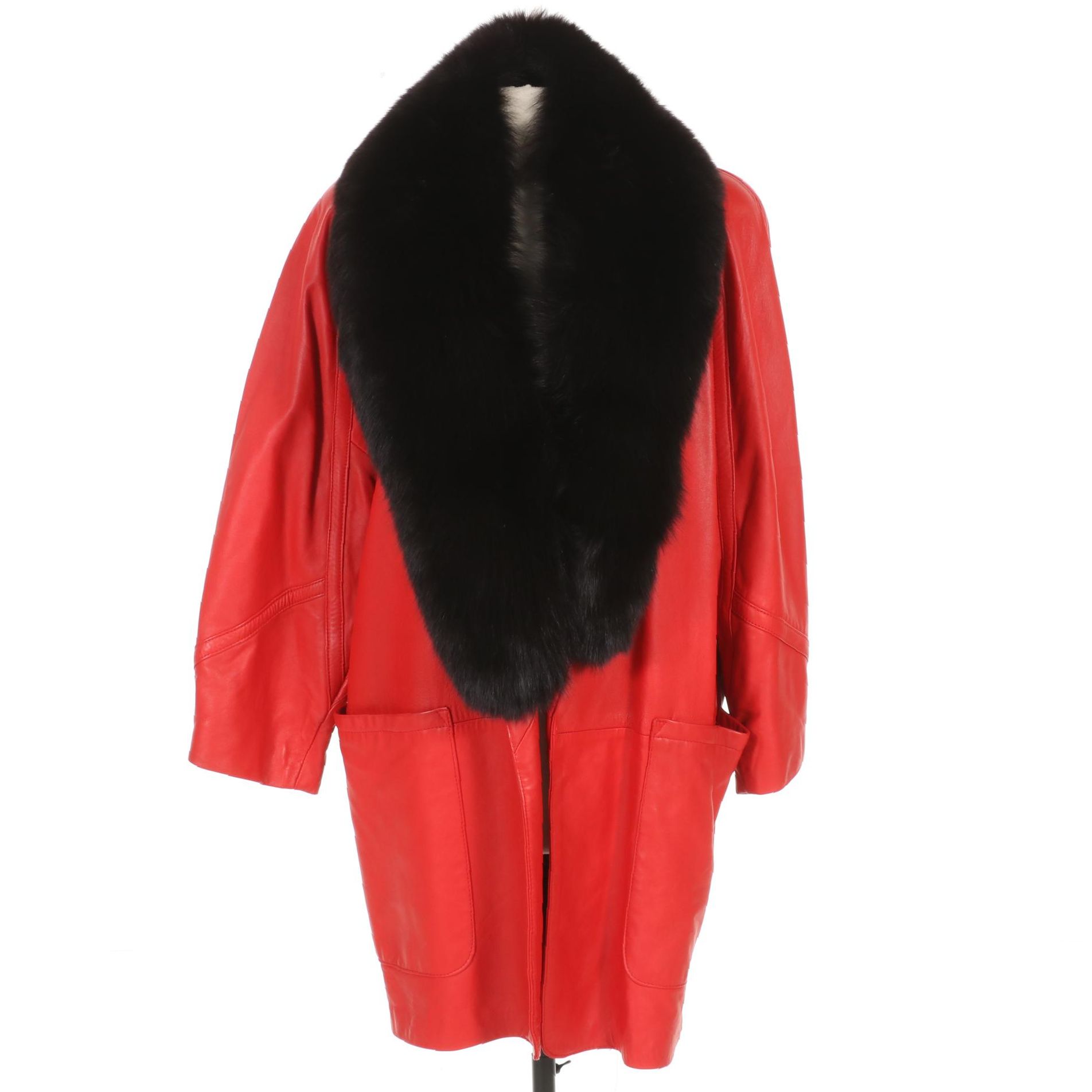Red Leather Jacket with Detachable Fox Fur Tuxedo Collar