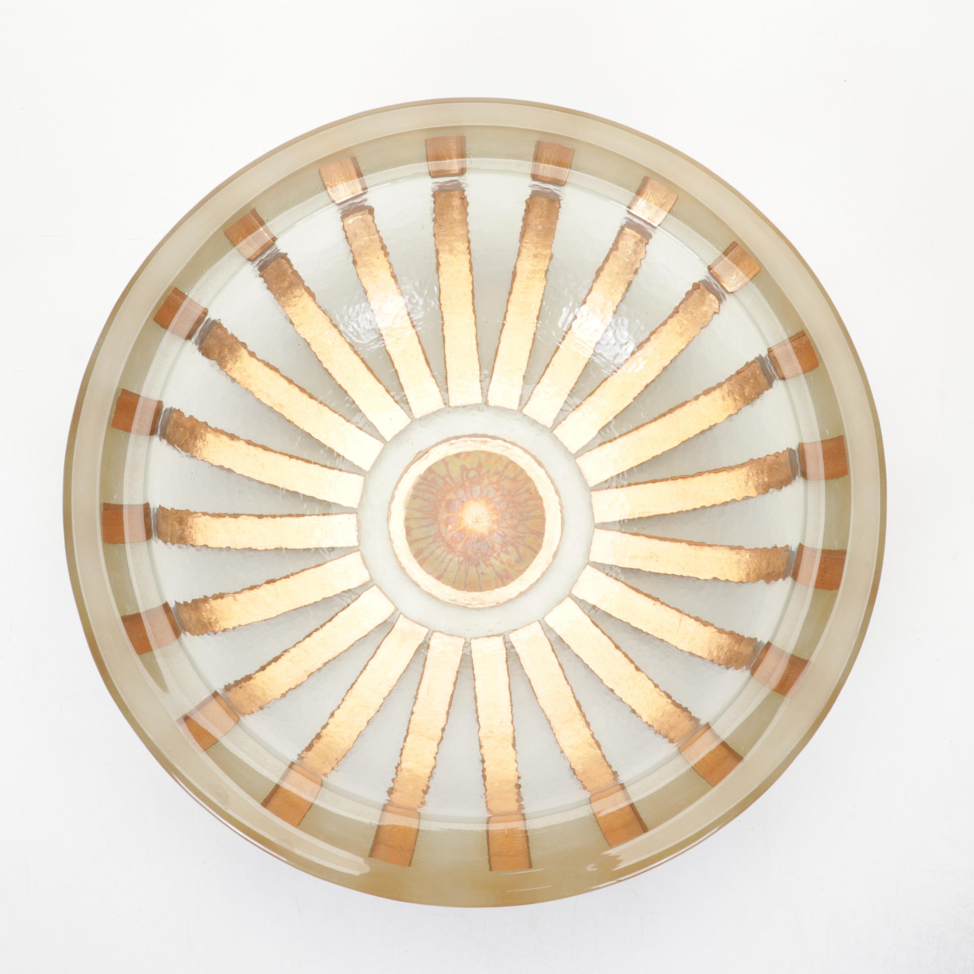 George Bucquet Cast Peach Art Glass, Copper and Metal Leaf Ribbed Bowl