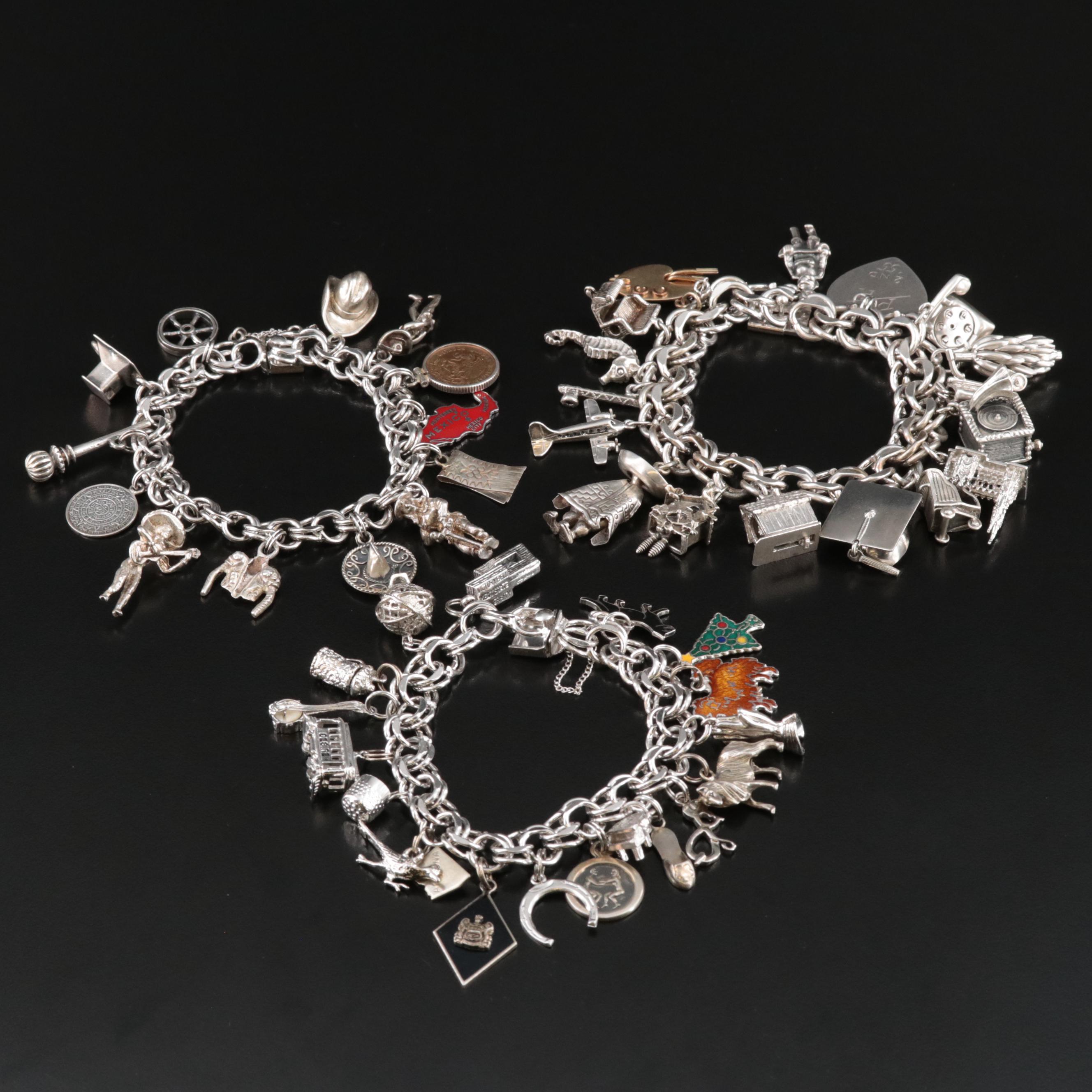 Vintage Charm Bracelets Featuring Sterling and Enamel
