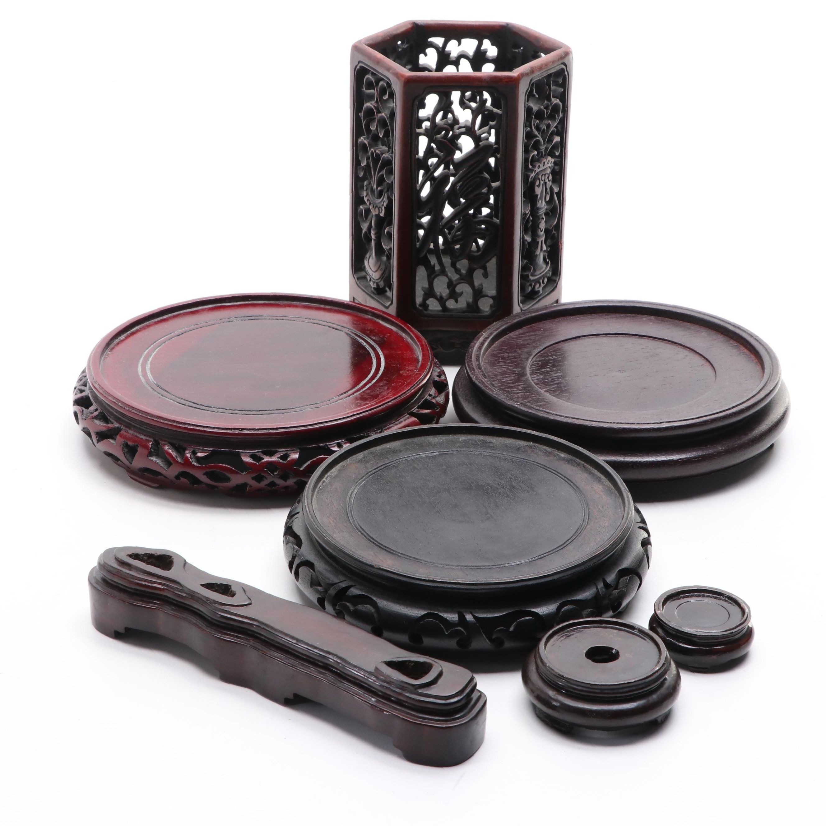 Chinese Carved Wood Brush Pot with Carved Finished Wood Stands