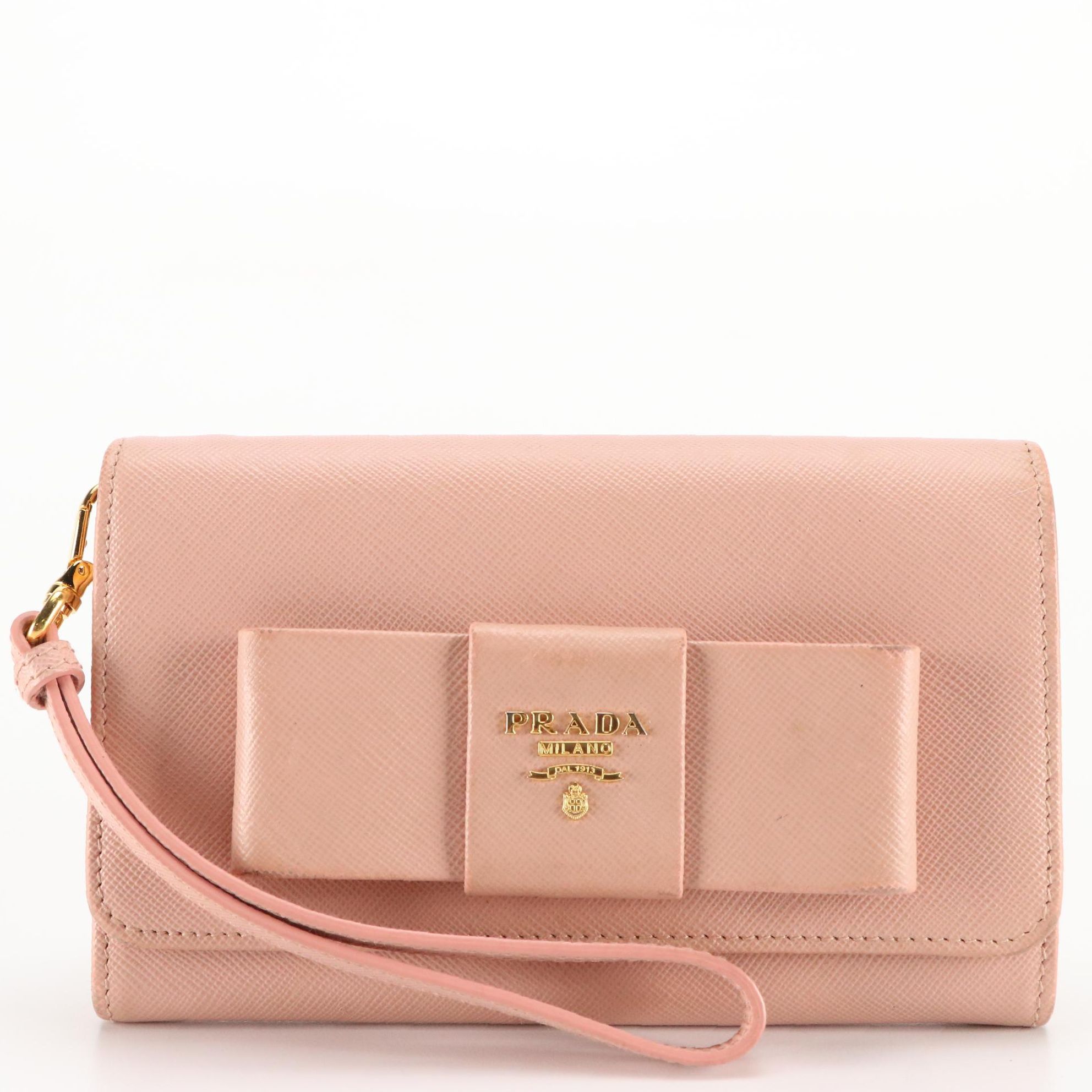 Prada Bow Wristlet in Pink Saffiano Leather