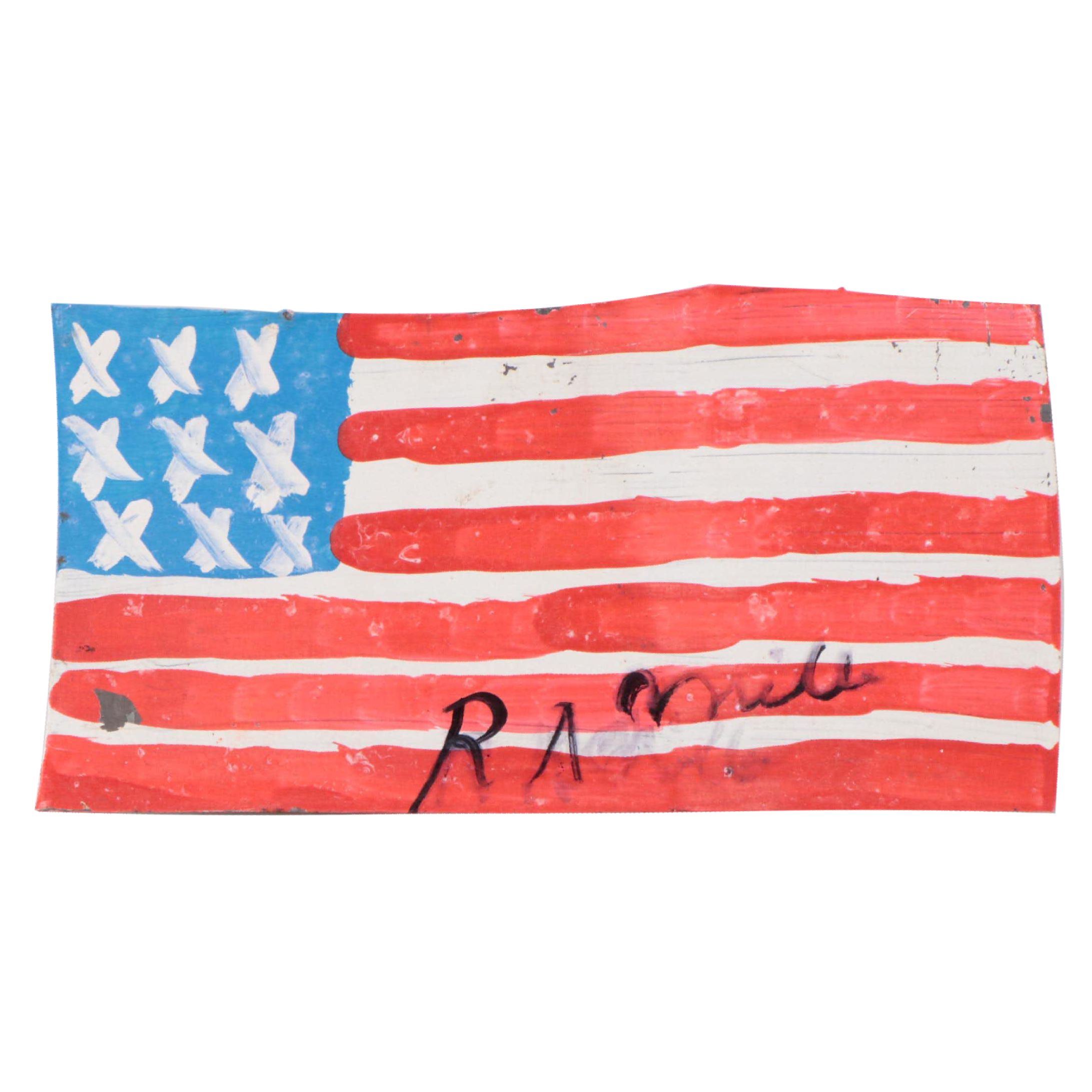 R.A. Miller Folk Art Painting on Tin of American Flag
