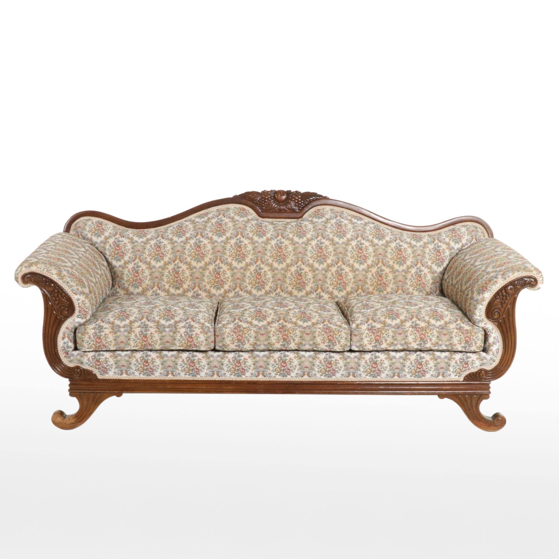American Empire Style Carved Wood Three-Seat Sofa, 20th Century