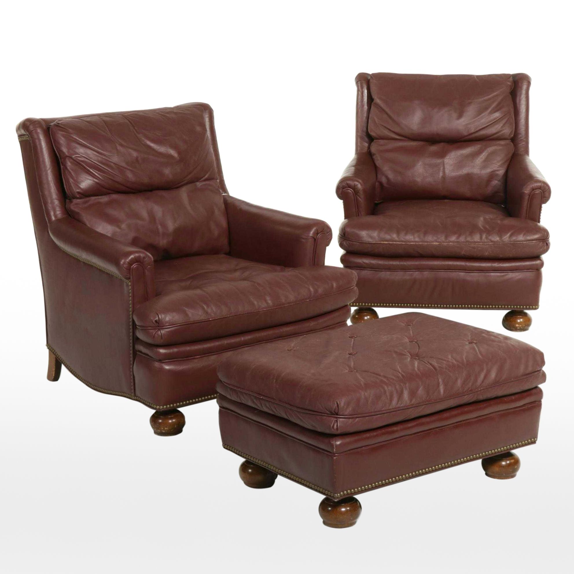 Pair of Henredon Leather Armchairs and Ottoman