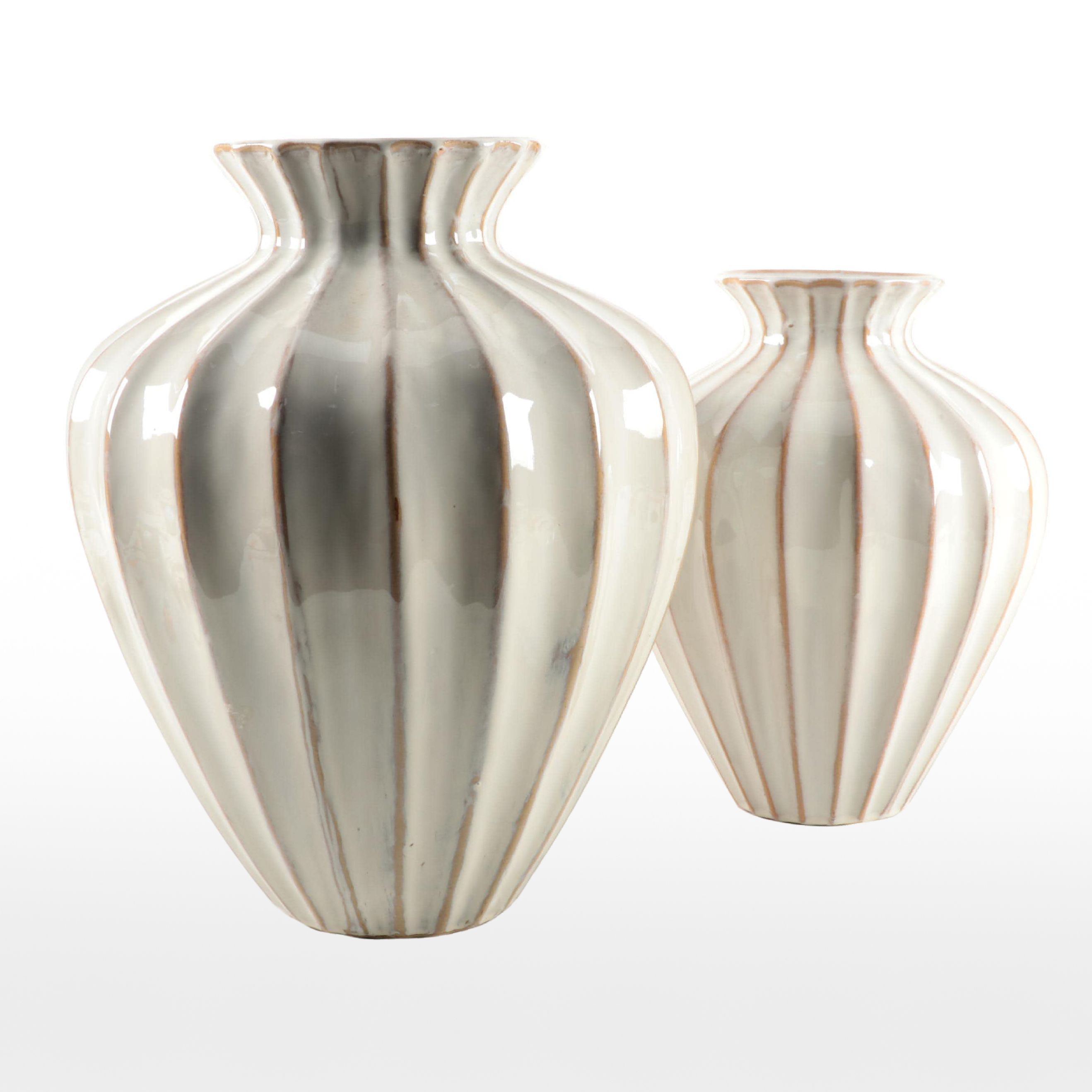 Pier 1 Ivory Glazed Ribbed Earthenware Vases