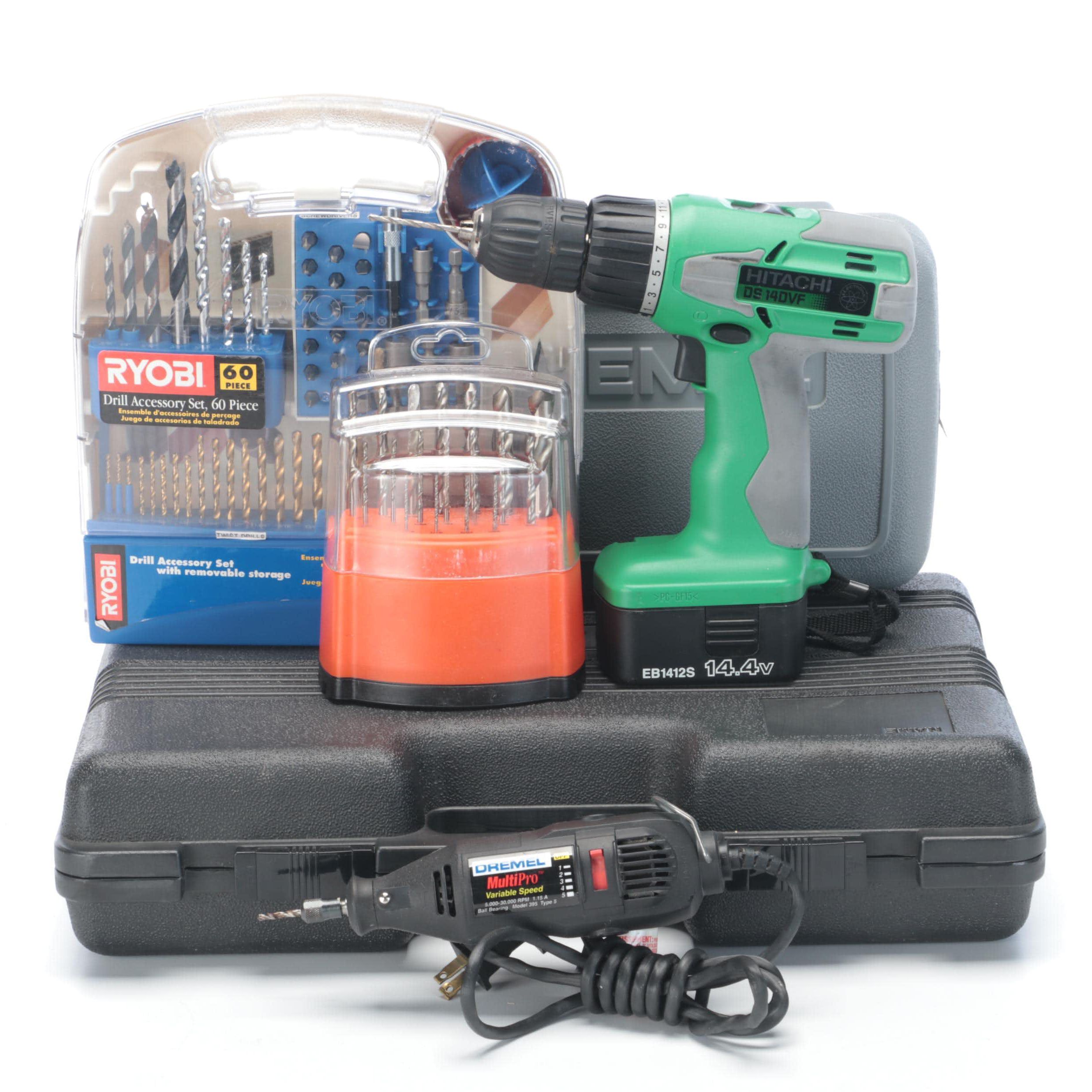 Hitachi Cordless Drill, Dremel Rotary Tool with Drill Attachments