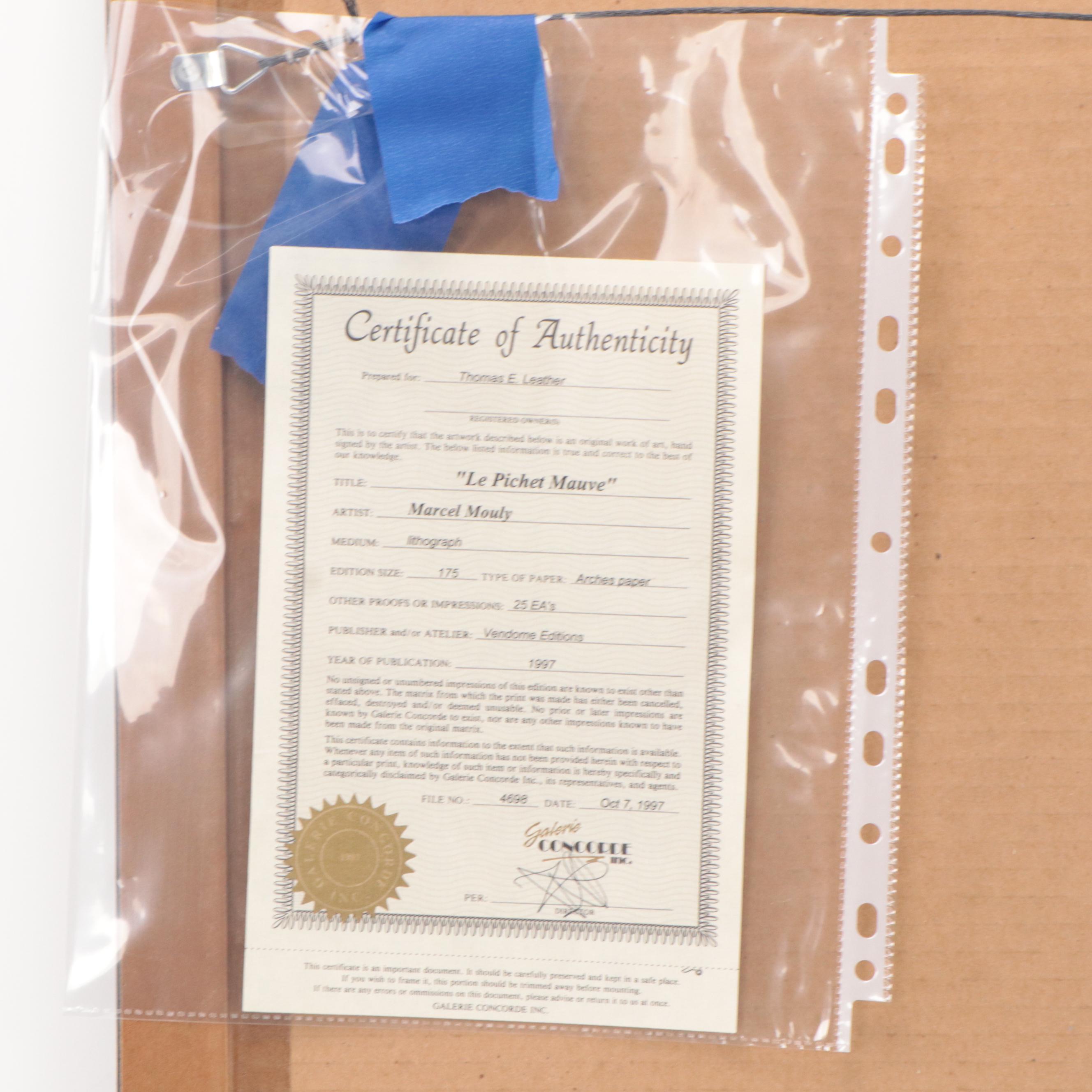 Marcel Mouly Lithograph "Le Pichet Mauve," 1997