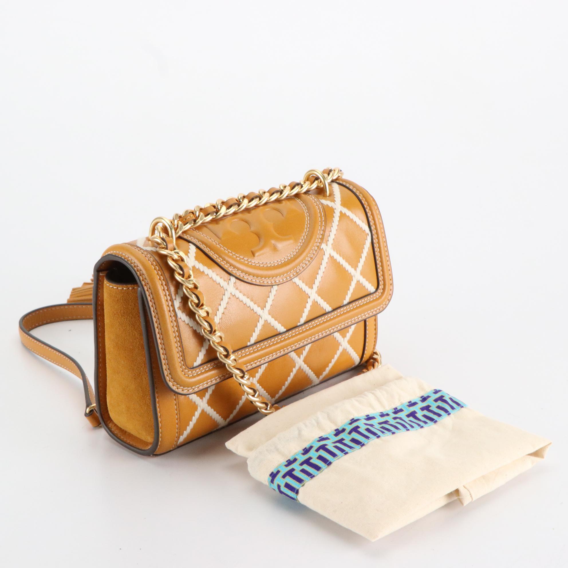 Tory Burch Front Flap Suede and Leather Bag with Interwoven Chain Link Strap