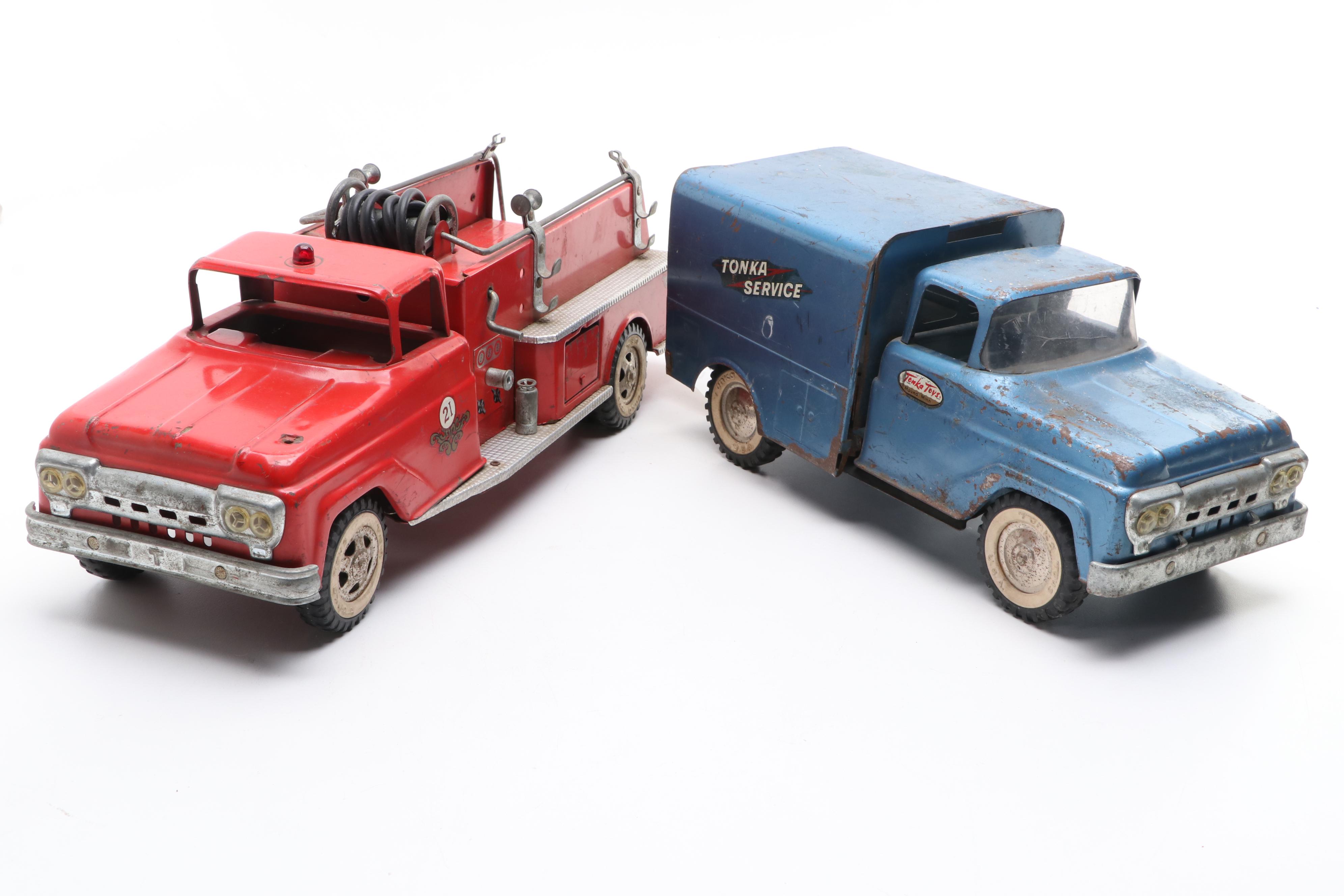 Tonka Toy Service Truck and Fire Truck, Mid-20th Century
