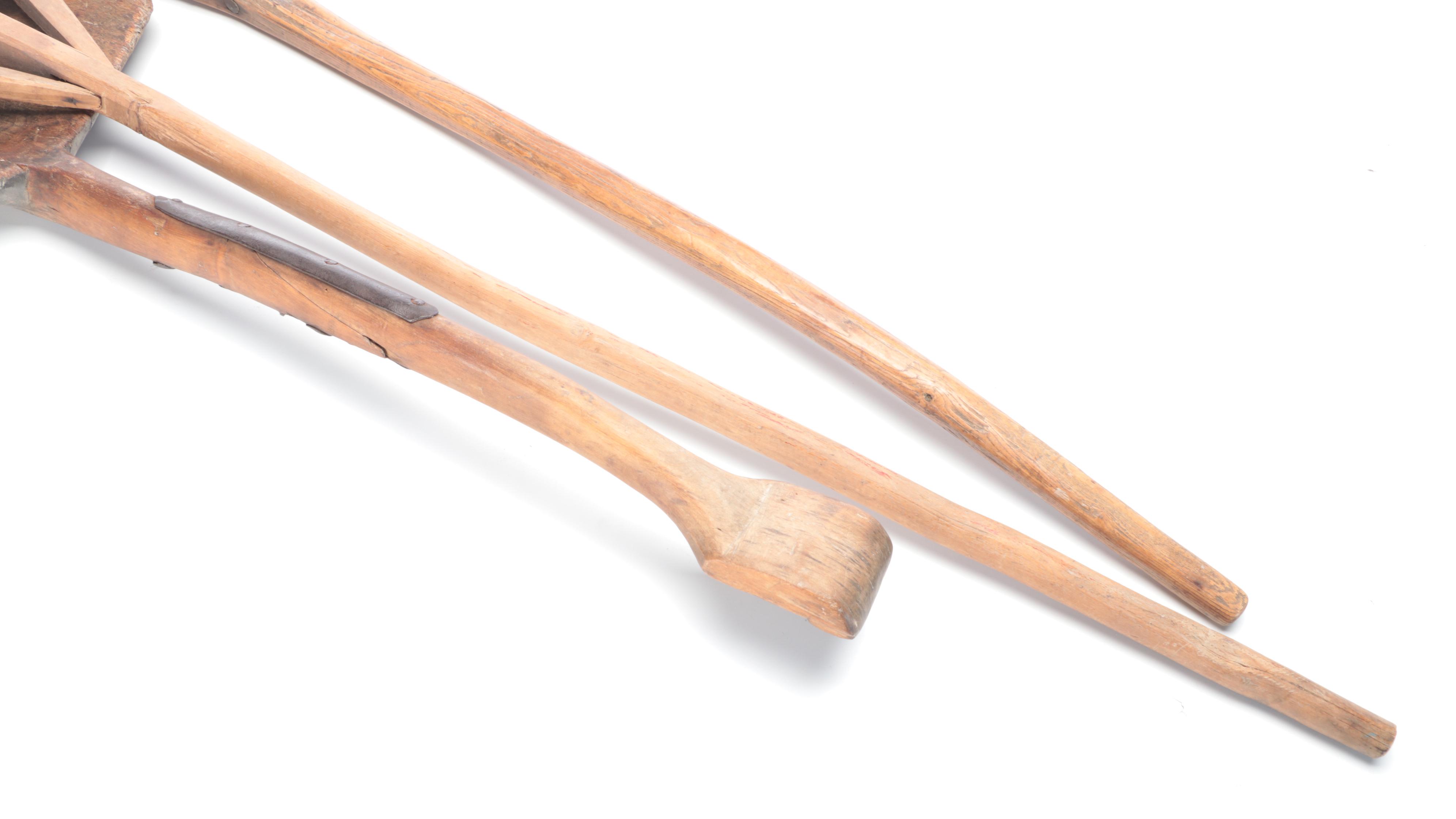 Primitive Wooden Farm Shovel and Hay Rakes