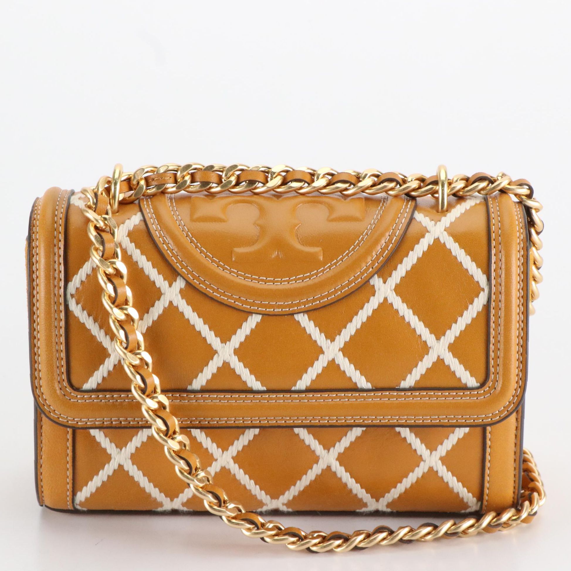 Tory Burch Front Flap Suede and Leather Bag with Interwoven Chain Link Strap