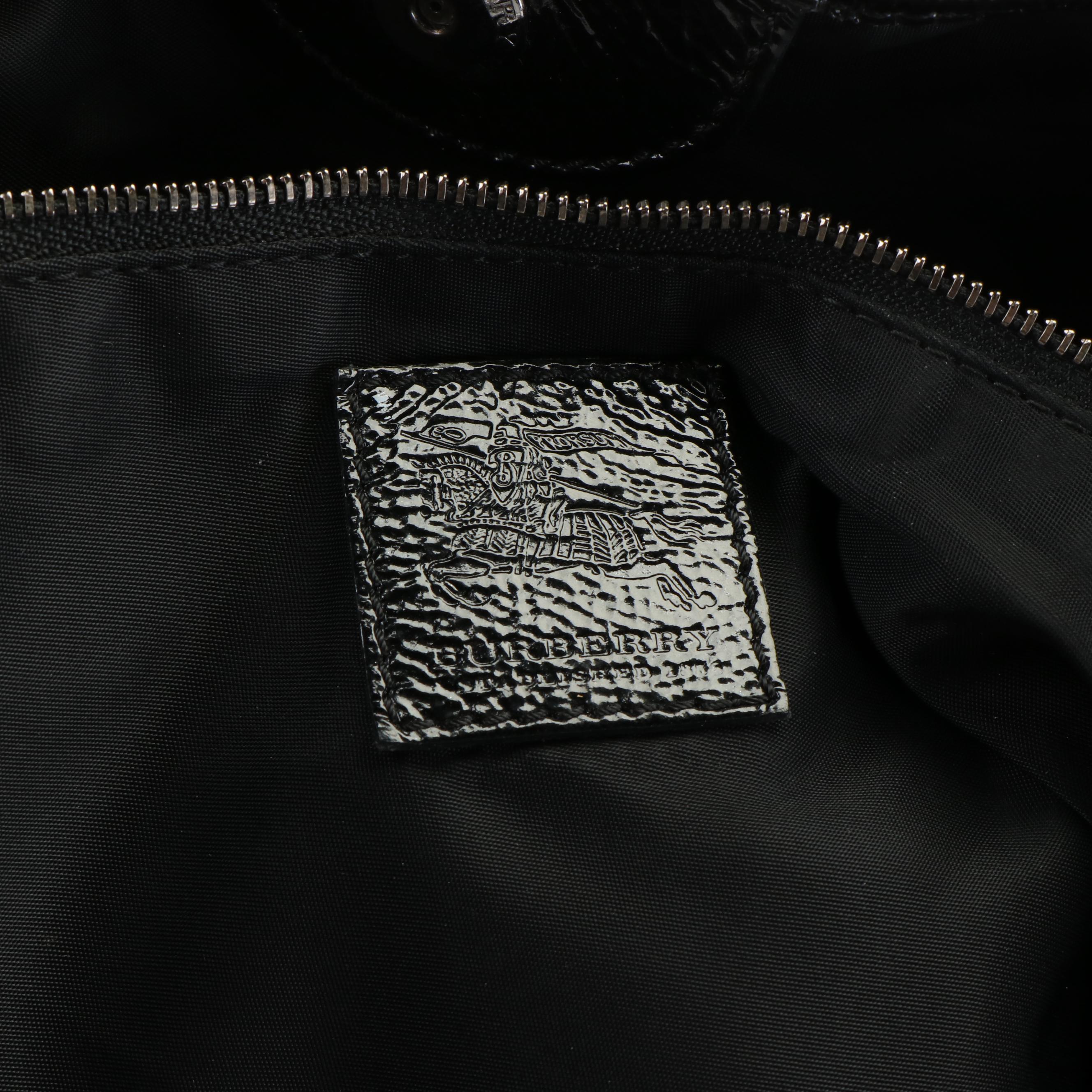 Burberry Black Beat Check Nylon And Patent Leather Lowry Tote