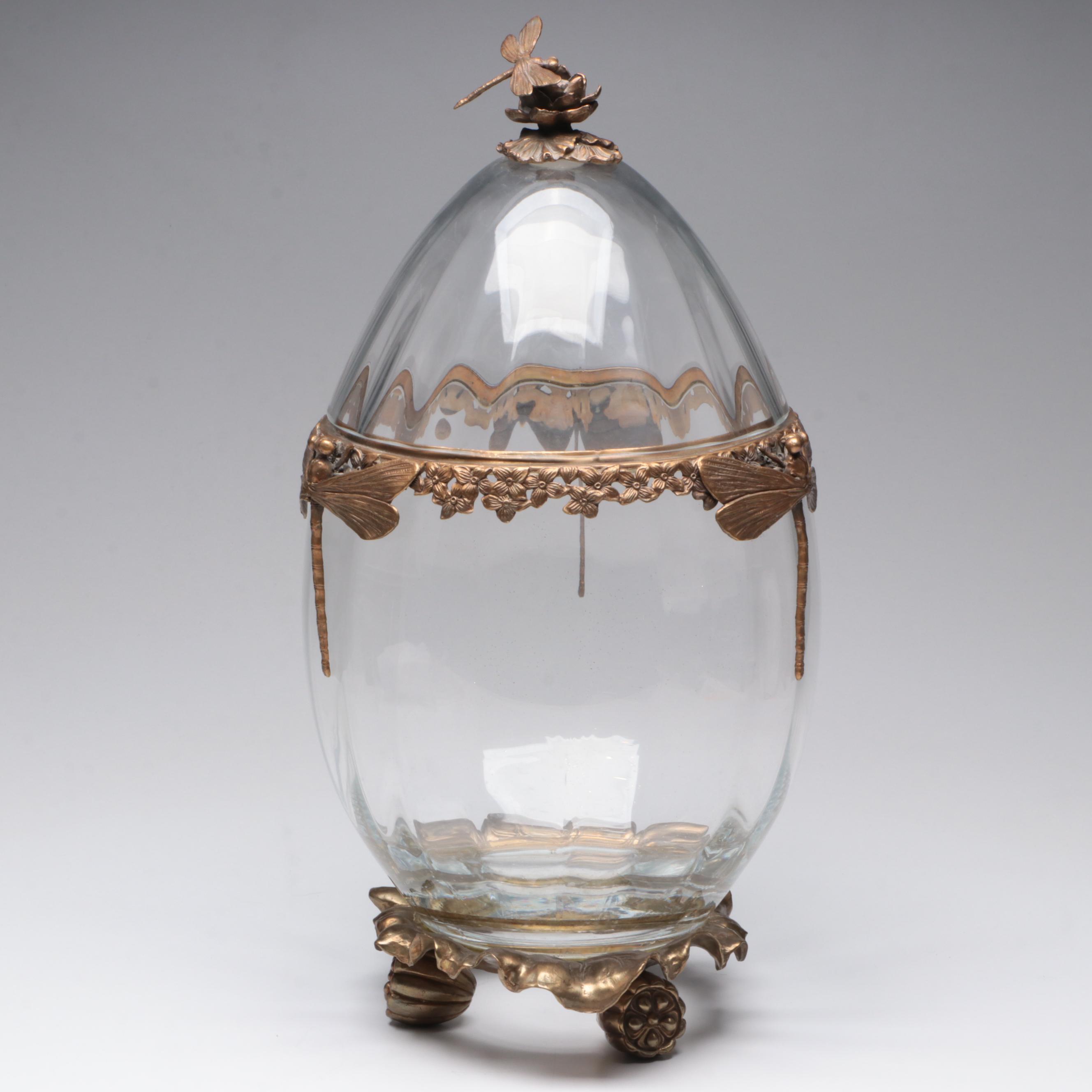 Castilian Poland Optic Glass and Brass Ormolu Mount Egg Urn with Dragonfly Motif