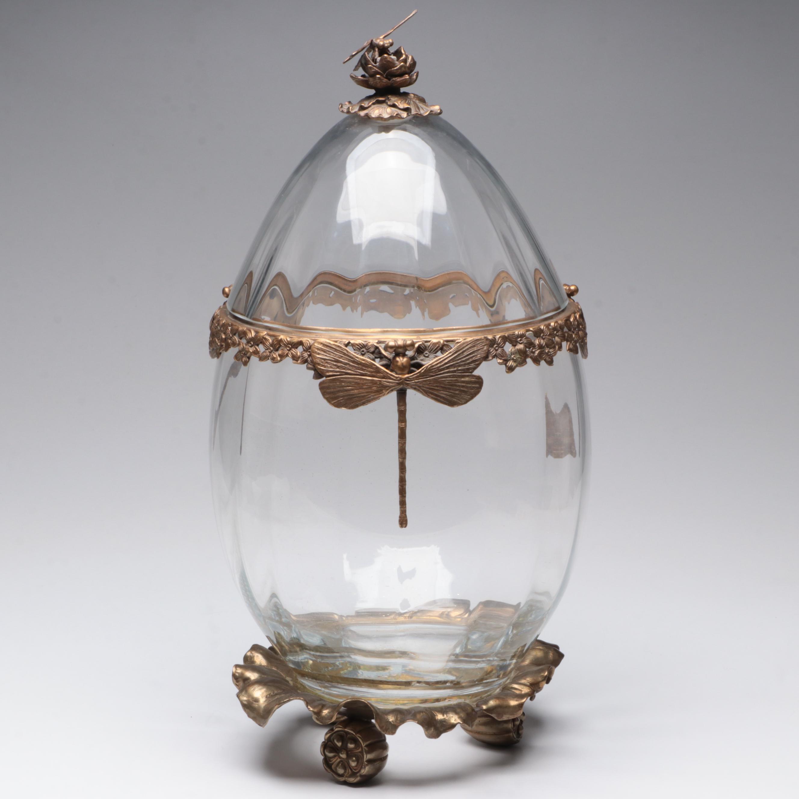Castilian Poland Optic Glass and Brass Ormolu Mount Egg Urn with Dragonfly Motif