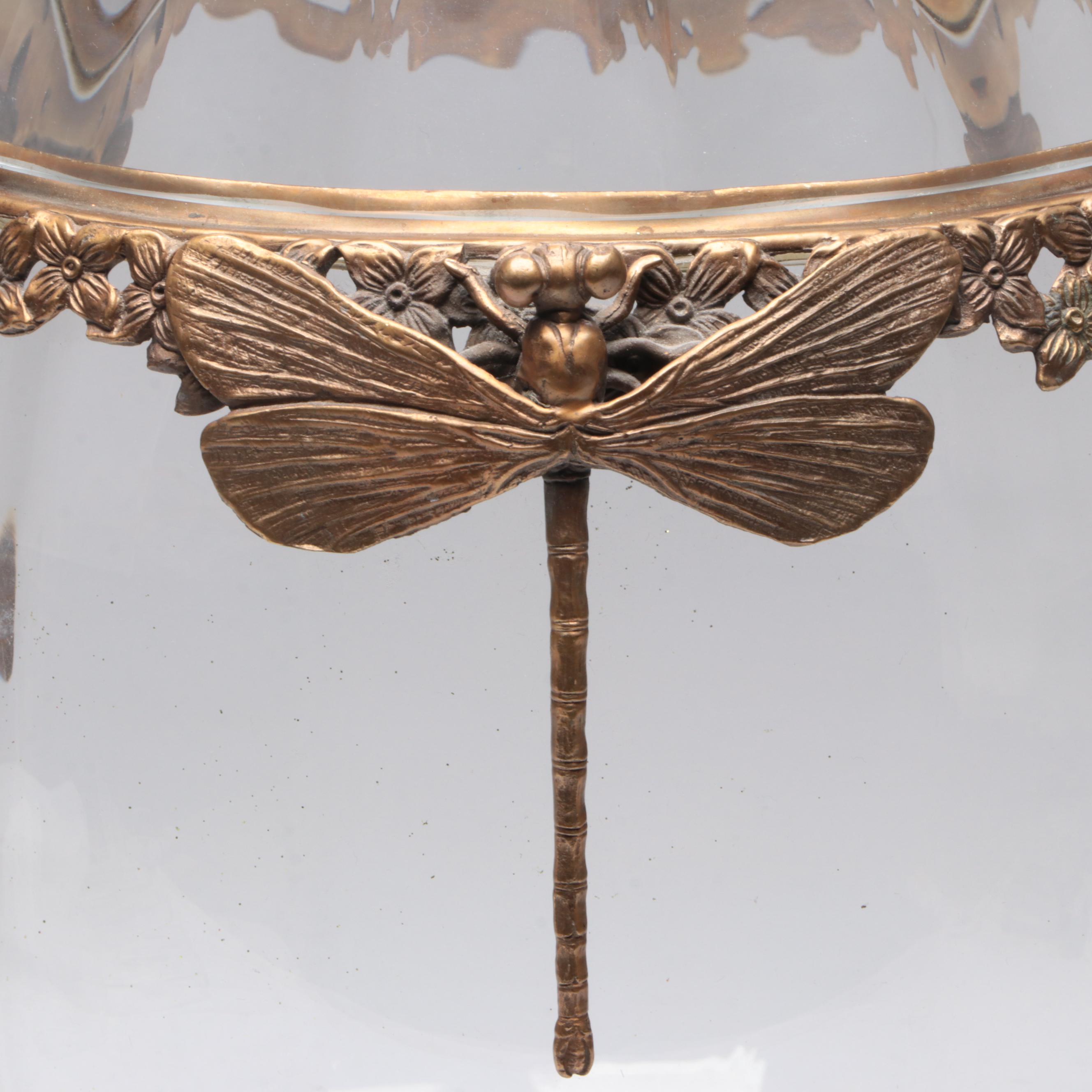 Castilian Poland Optic Glass and Brass Ormolu Mount Egg Urn with Dragonfly Motif