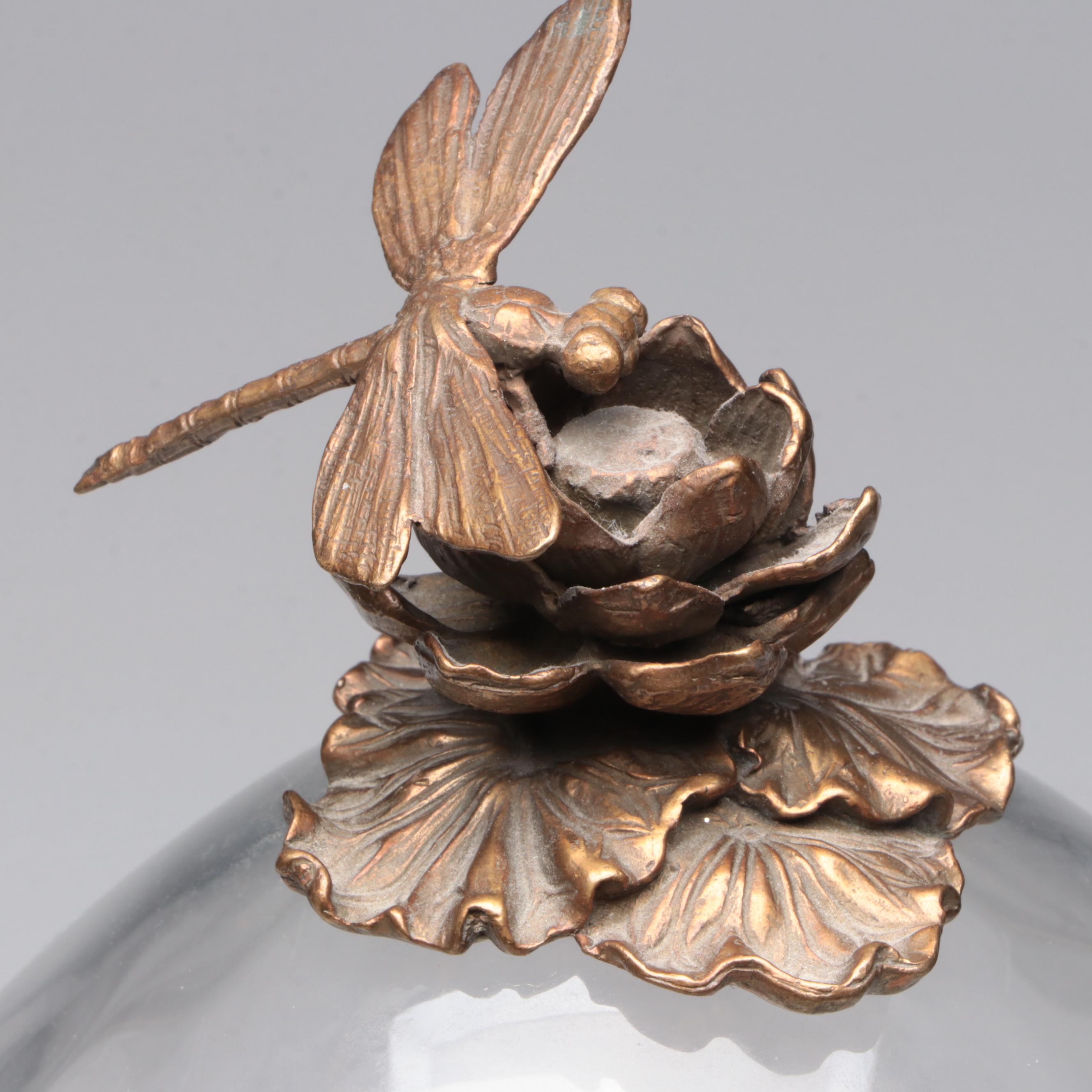 Castilian Poland Optic Glass and Brass Ormolu Mount Egg Urn with Dragonfly Motif