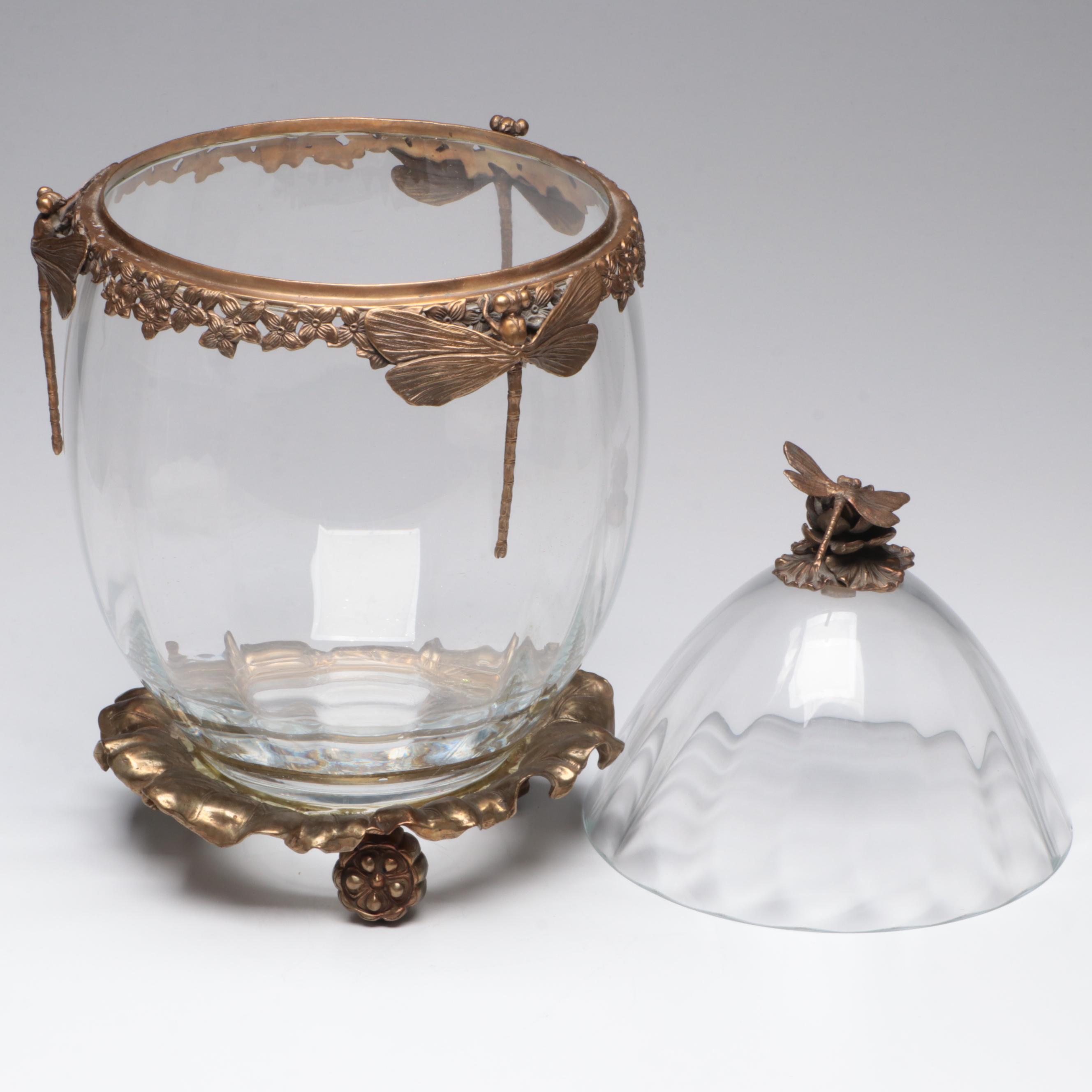 Castilian Poland Optic Glass and Brass Ormolu Mount Egg Urn with Dragonfly Motif
