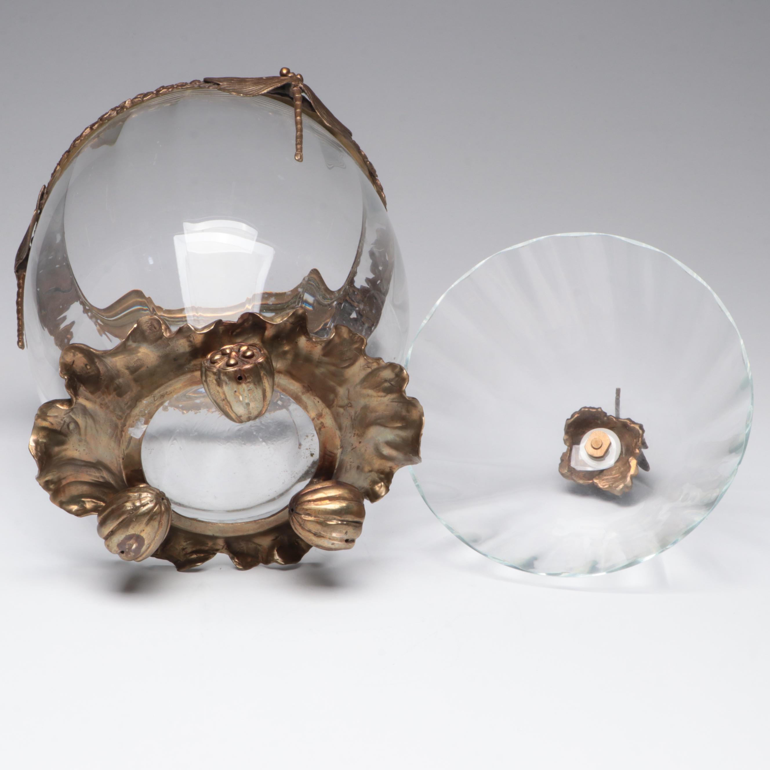 Castilian Poland Optic Glass and Brass Ormolu Mount Egg Urn with Dragonfly Motif